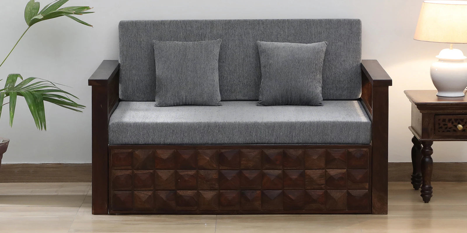 Belmani Sheesham Wood Pull Out 2 Seater Sofa Cum Bed In Provincial Teak Finish with Storage - Febonic Living