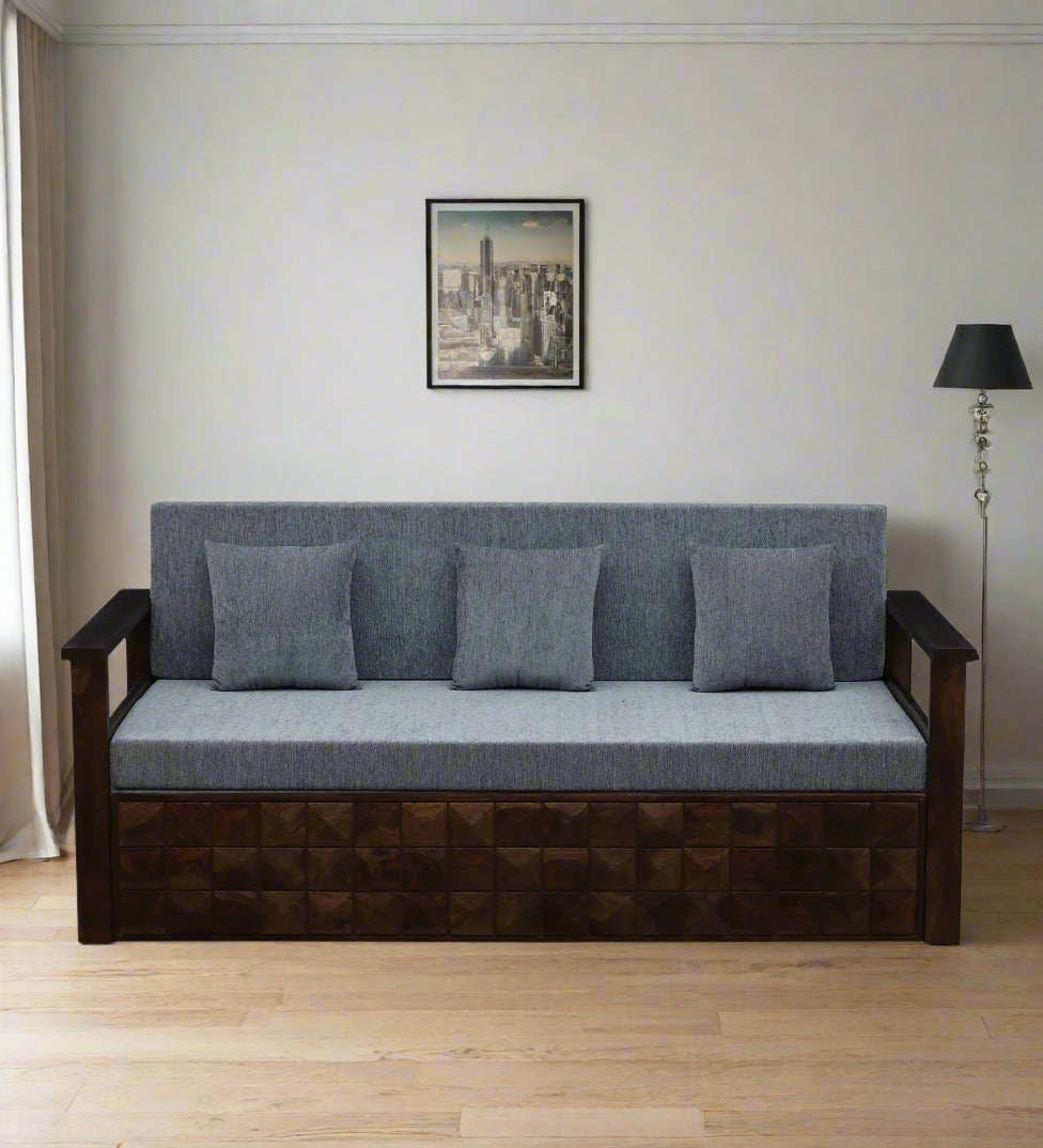 Belmani Sheesham Wood Pull Out 3 Seater Sofa Cum Bed In Provincial Teak & With Cushions - Febonic Living