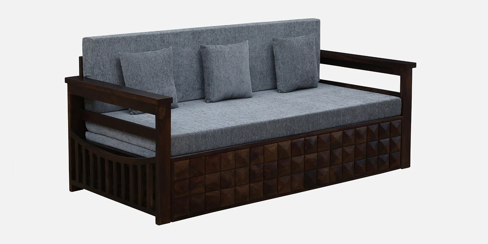 Belmani Sheesham Wood Pull Out 3 Seater Sofa Cum Bed In Provincial Teak & With Cushions - Febonic Living