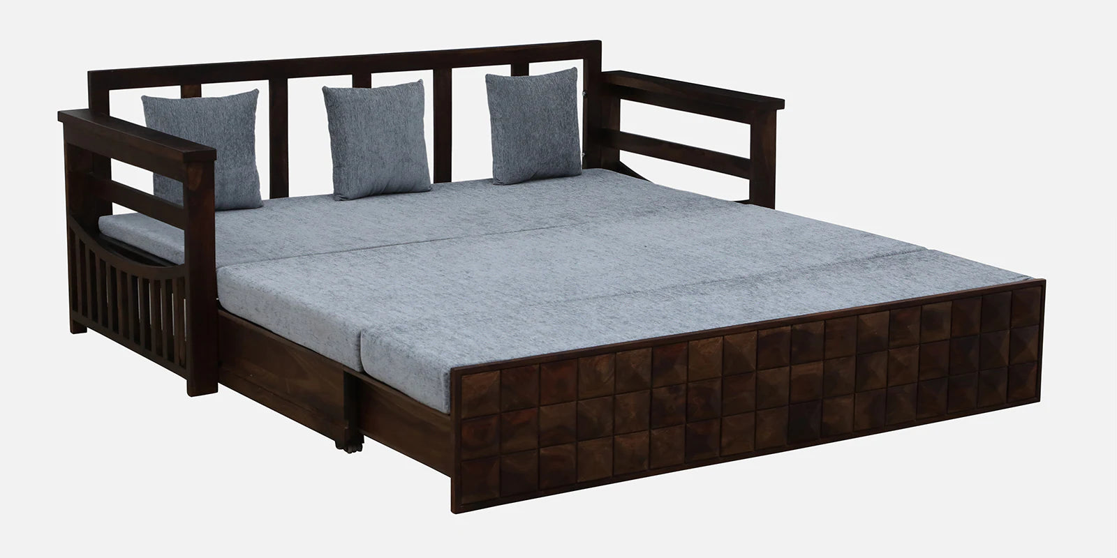 Belmani Sheesham Wood Pull Out 3 Seater Sofa Cum Bed In Provincial Teak & With Cushions - Febonic Living