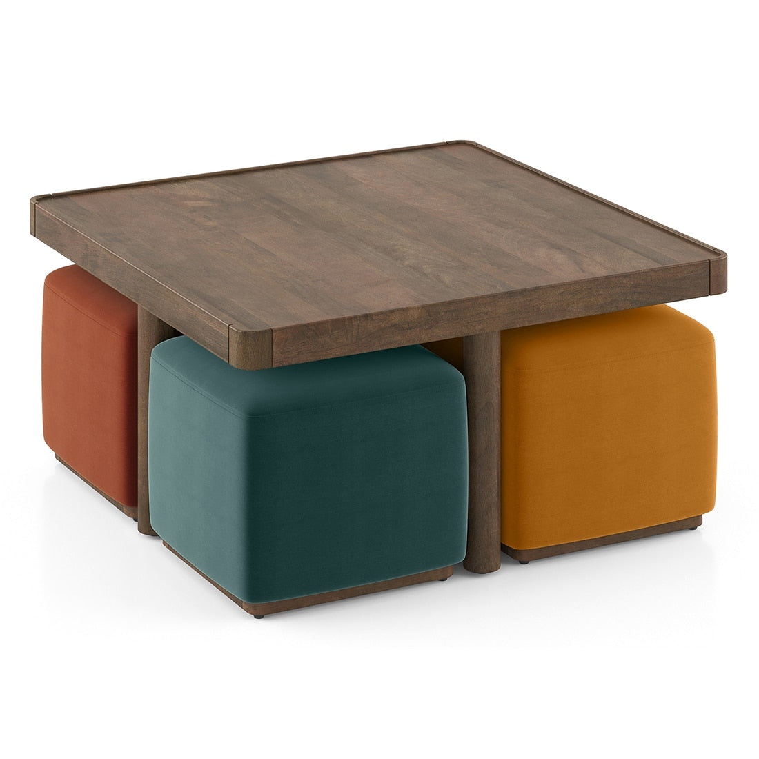 Tera Coffee Table Set In Natural Finish With Multi Cushioned Stools