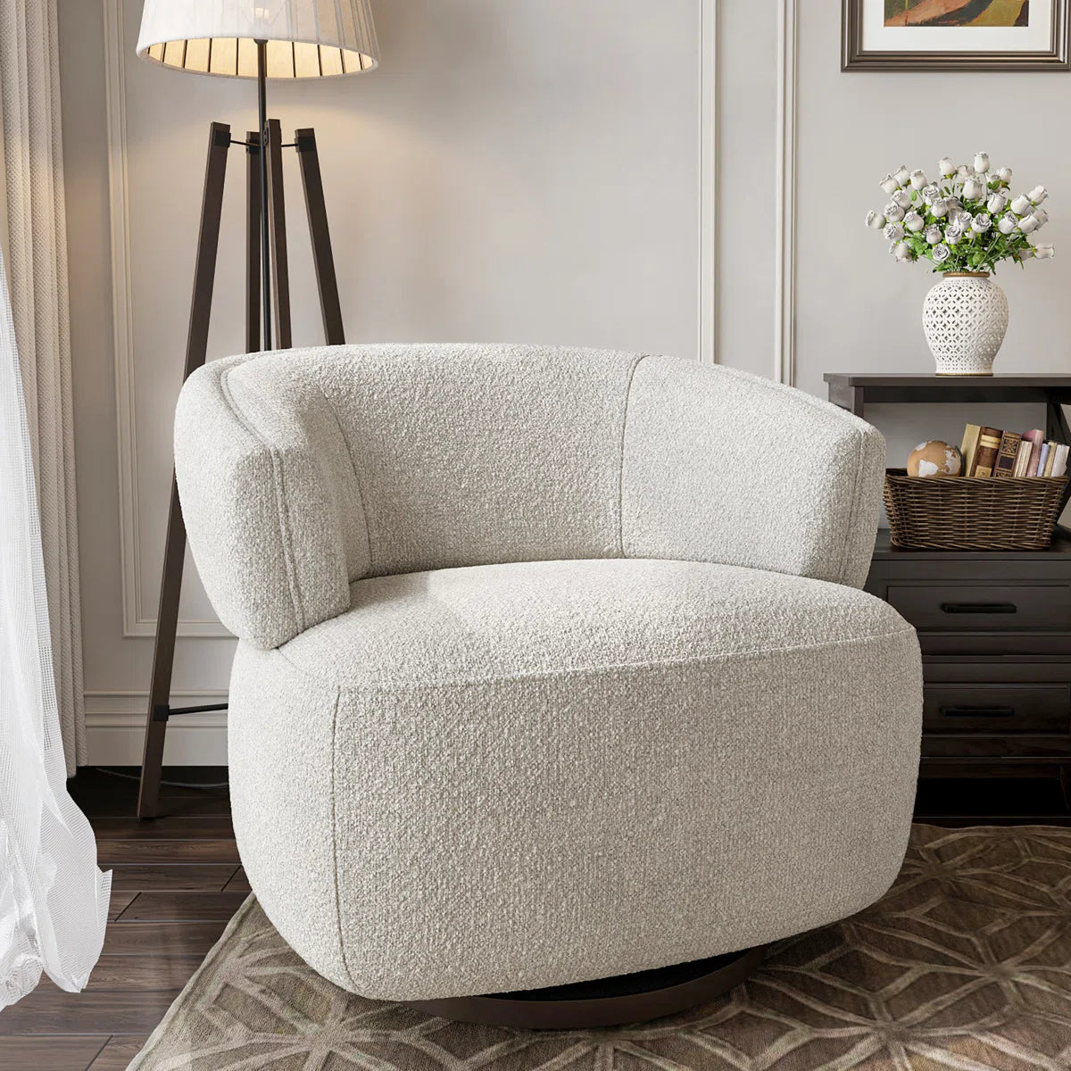 Tivila Boucle Fabric Swivel Chair In Shell White Colour