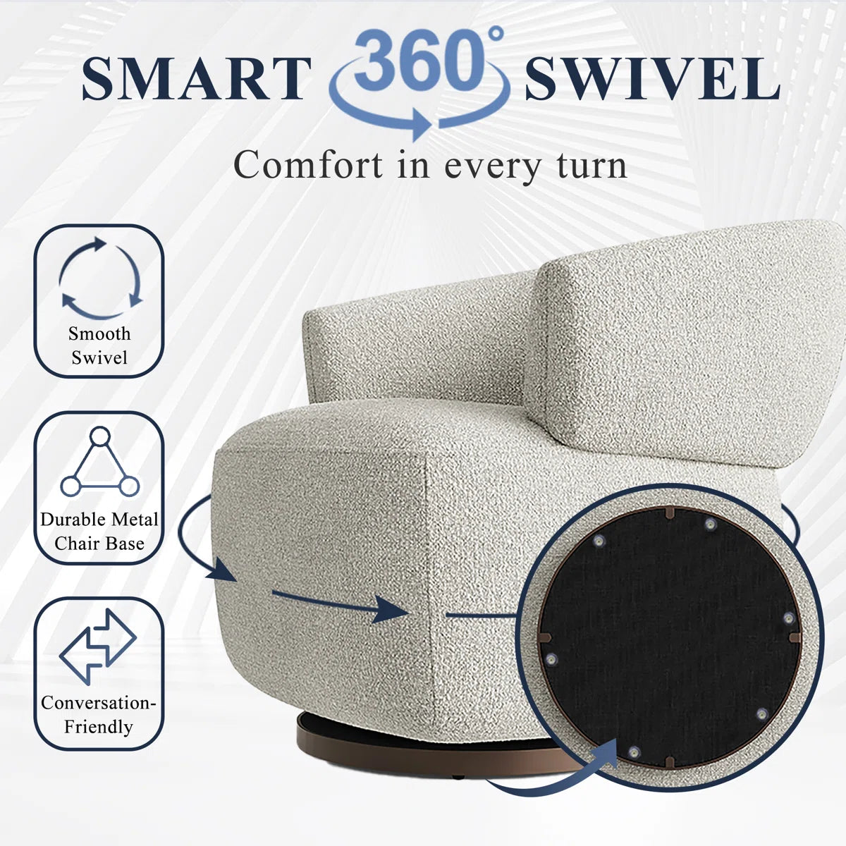 Tivila Boucle Fabric Swivel Chair In Shell White Colour