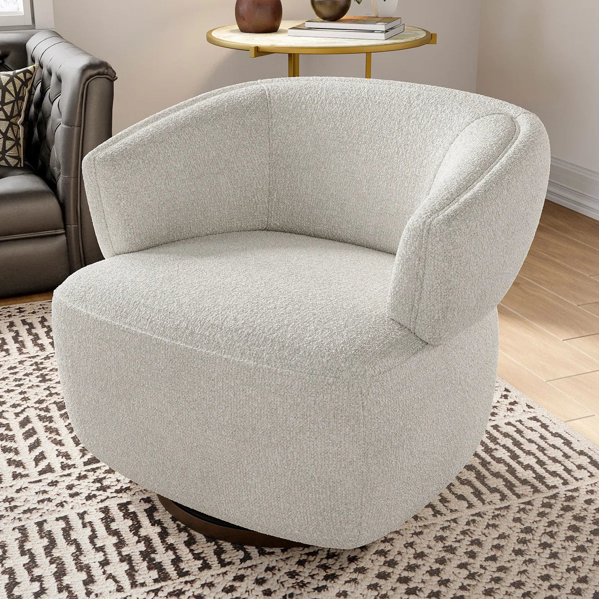 Tivila Boucle Fabric Swivel Chair In Shell White Colour