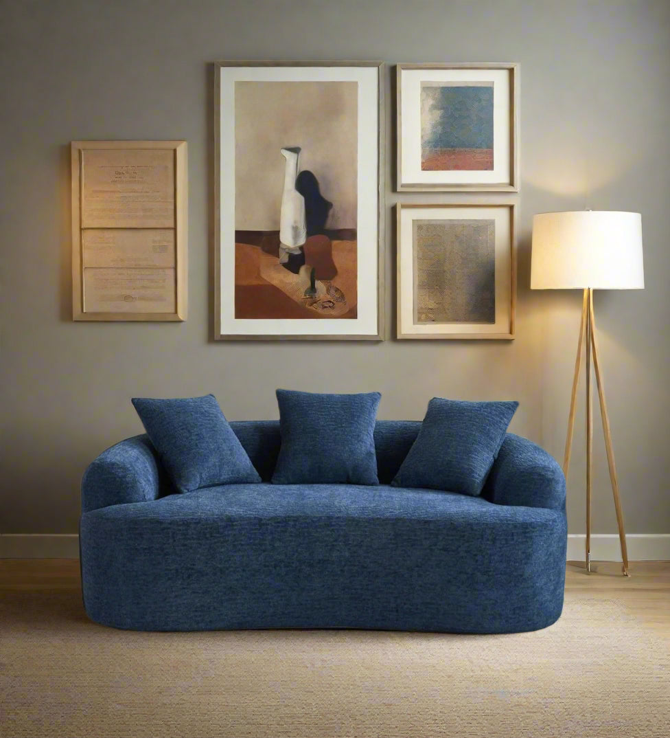 Tormel Boucle Fabric 3 Seater Curved Sofa In Classic Blue Colour