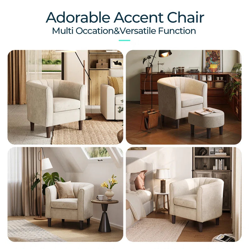 Ben Velvet Barrel Chair With Ottoman In Camel Beige Colour - Febonic Living