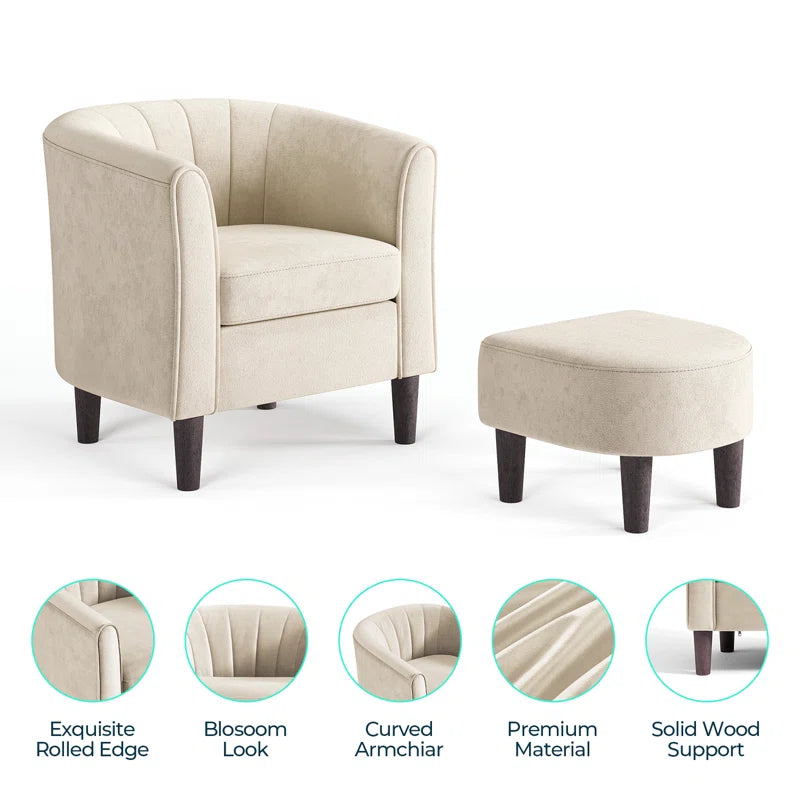 Ben Velvet Barrel Chair With Ottoman In Camel Beige Colour - Febonic Living