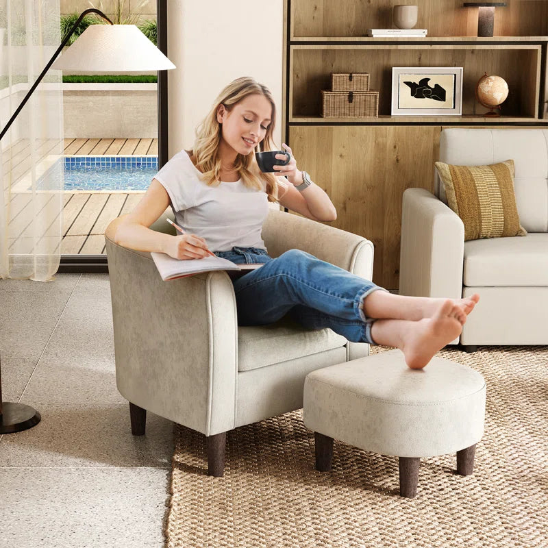 Ben Velvet Barrel Chair With Ottoman In Camel Beige Colour - Febonic Living