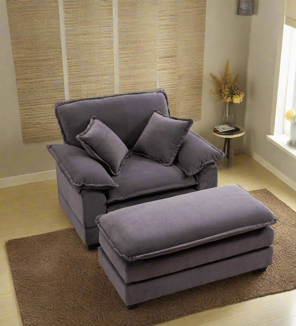 Trevia Fabric Wide Barrel Chair With Ottoman In Charcoal Grey Colour