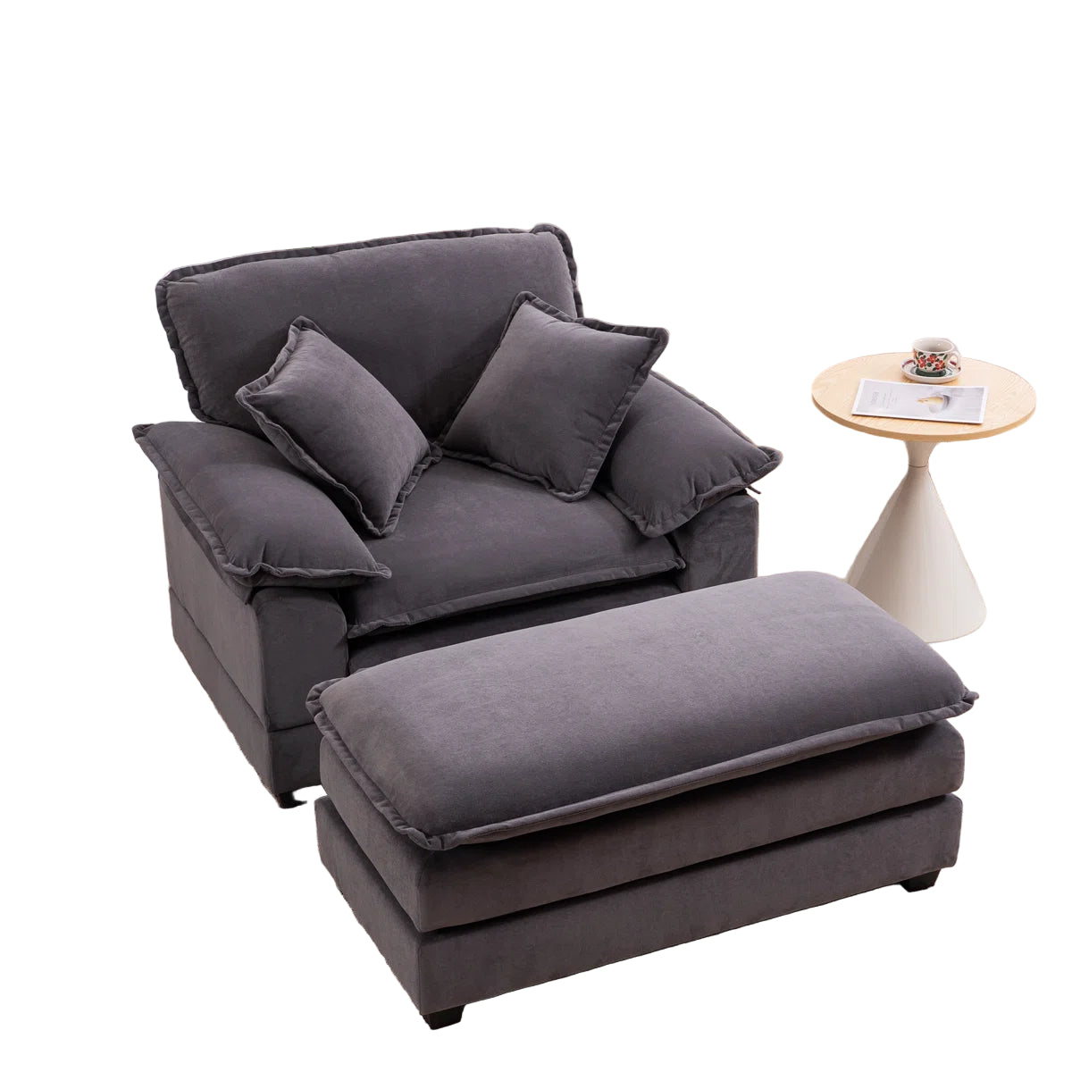 Trevia Fabric Wide Barrel Chair With Ottoman In Charcoal Grey Colour