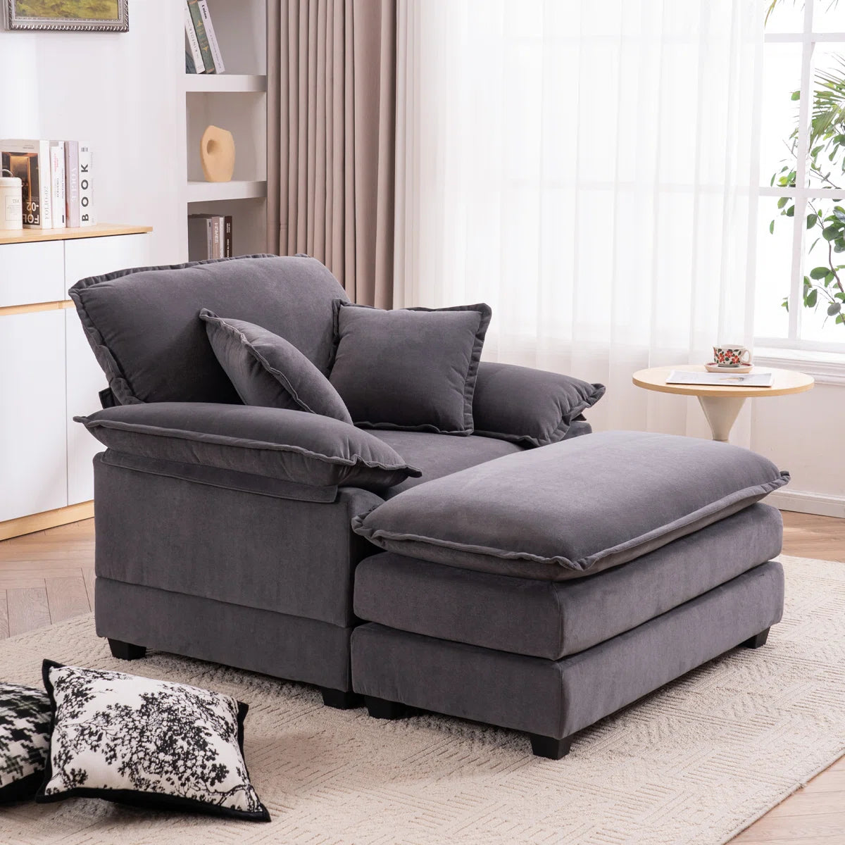 Trevia Fabric Wide Barrel Chair With Ottoman In Charcoal Grey Colour