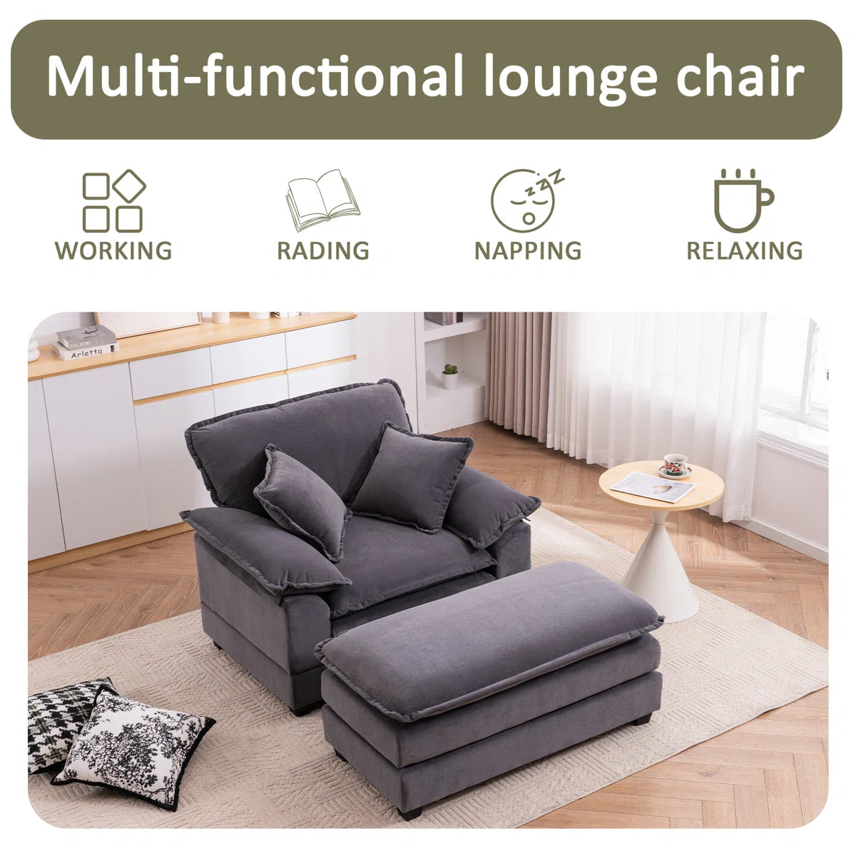 Trevia Fabric Wide Barrel Chair With Ottoman In Charcoal Grey Colour