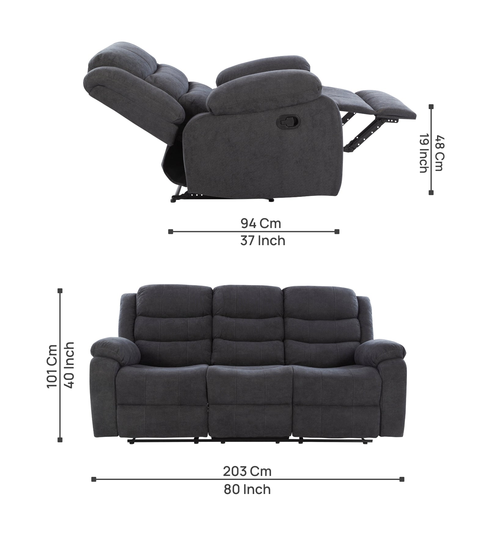 Turin 3 Seater Motorized Velvet Recliner - Davy Grey - Dimensions by Febonic Living