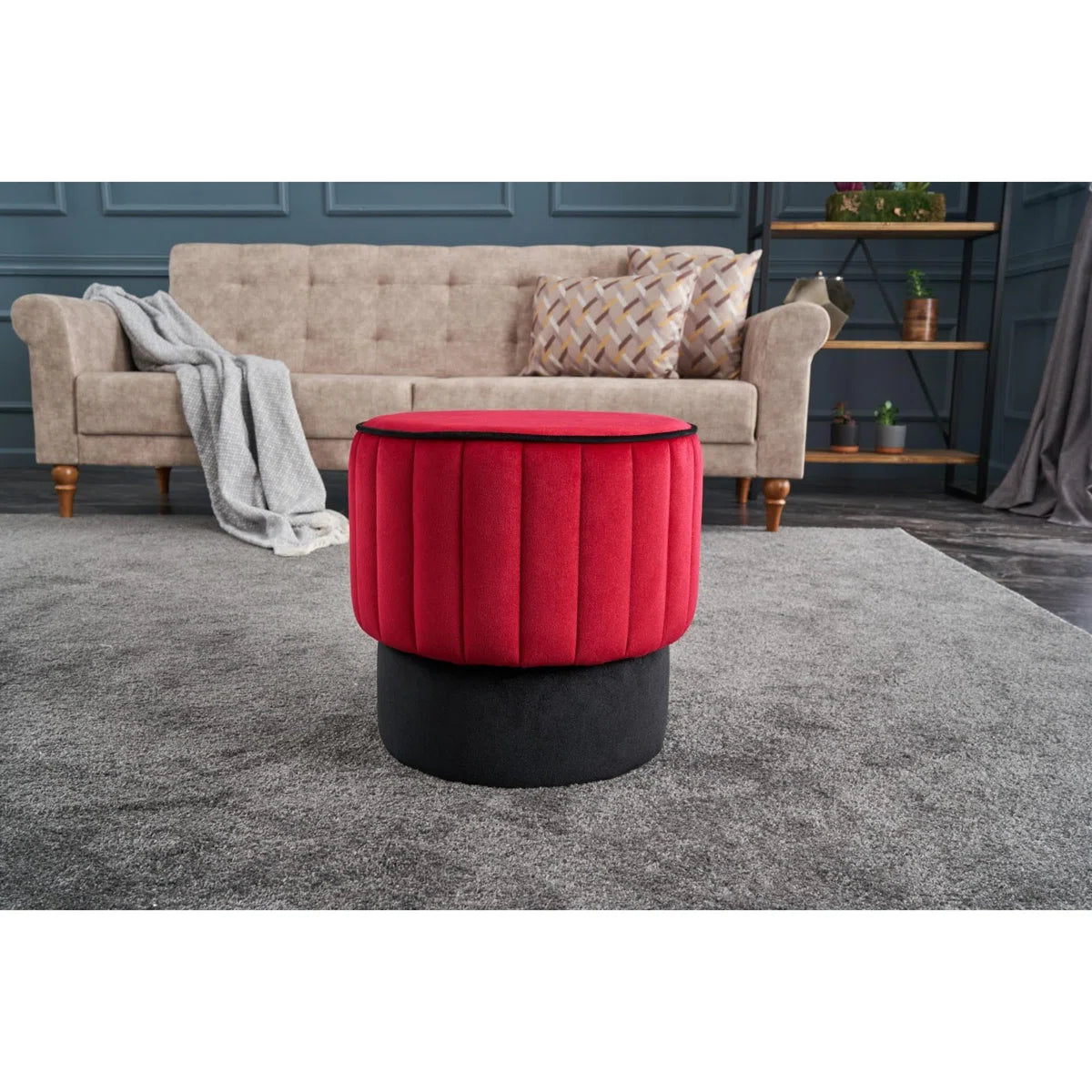 Twilla Velvet Pouffe In Ox Blooad Maroon And Davy Grey Colour