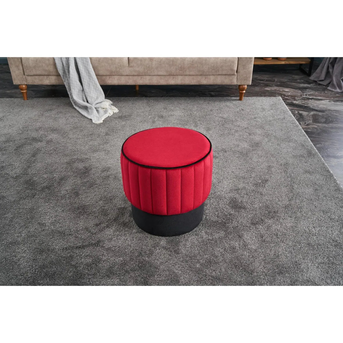 Twilla Velvet Pouffe In Ox Blooad Maroon And Davy Grey Colour