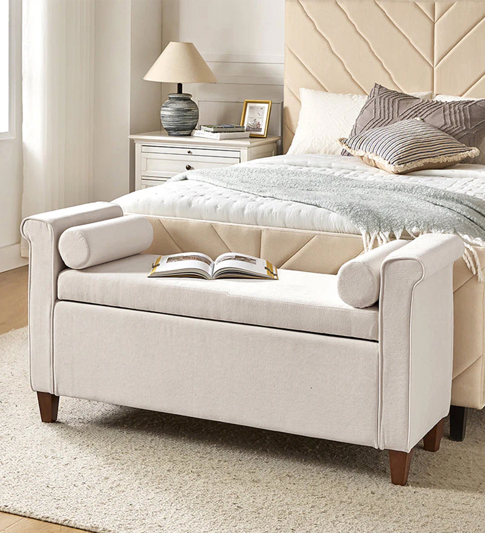 Gabino Velvet 2 Seater Recamier In Camel Beige Colour With Storage - Febonic Living