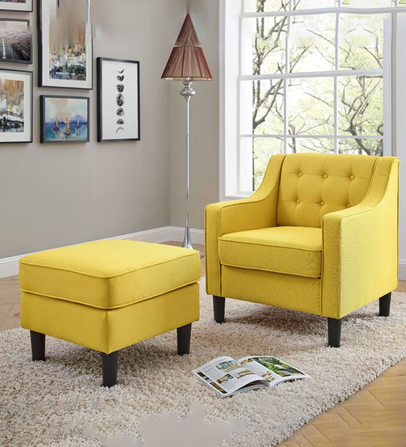 Lori Fabric Barrel Chair With Ottoman In Bold Yellow Colour - Febonic Living