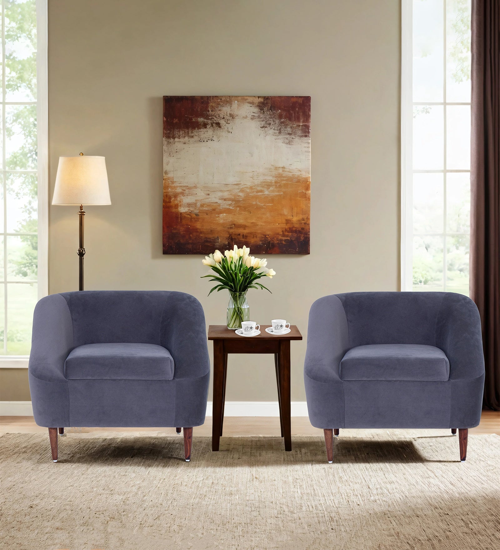 Jessica Velvet Arm Chair In Grey Colour (Set Of 2) - Febonic Living