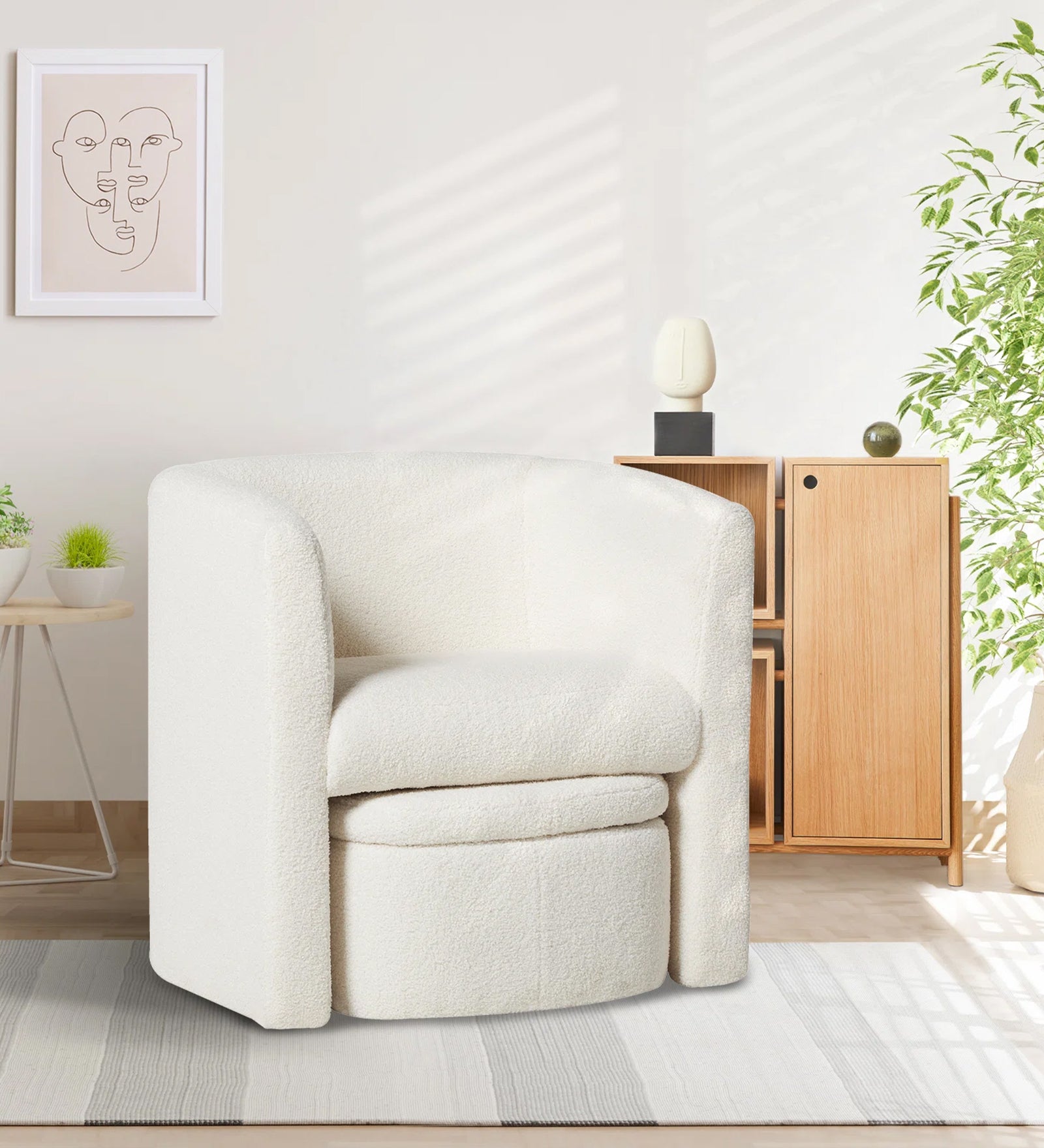 Azma Boucle Barrel Chair With Storage Ottoman in Shell White Colour - Febonic Living
