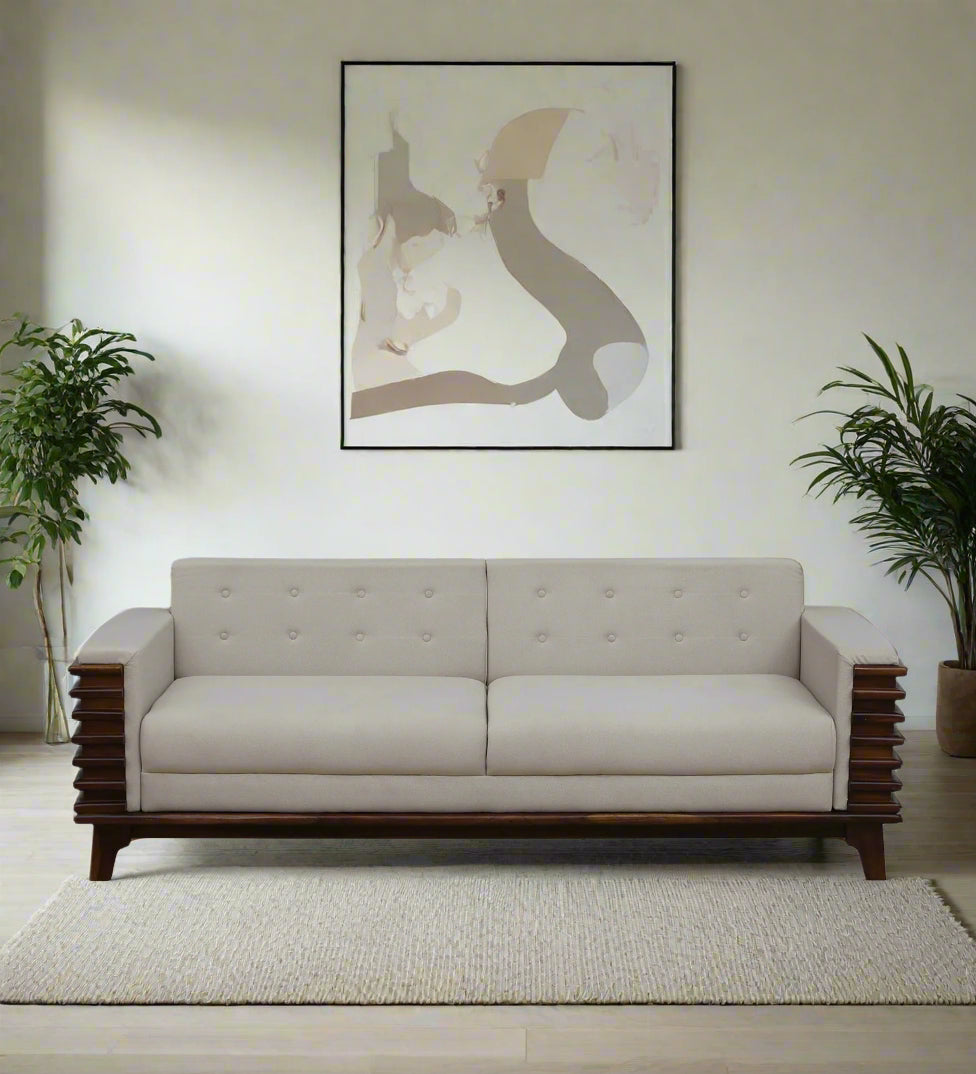 Tanu Sheesham Wood 3 Seater Sofa In Beige Colour - Febonic Living