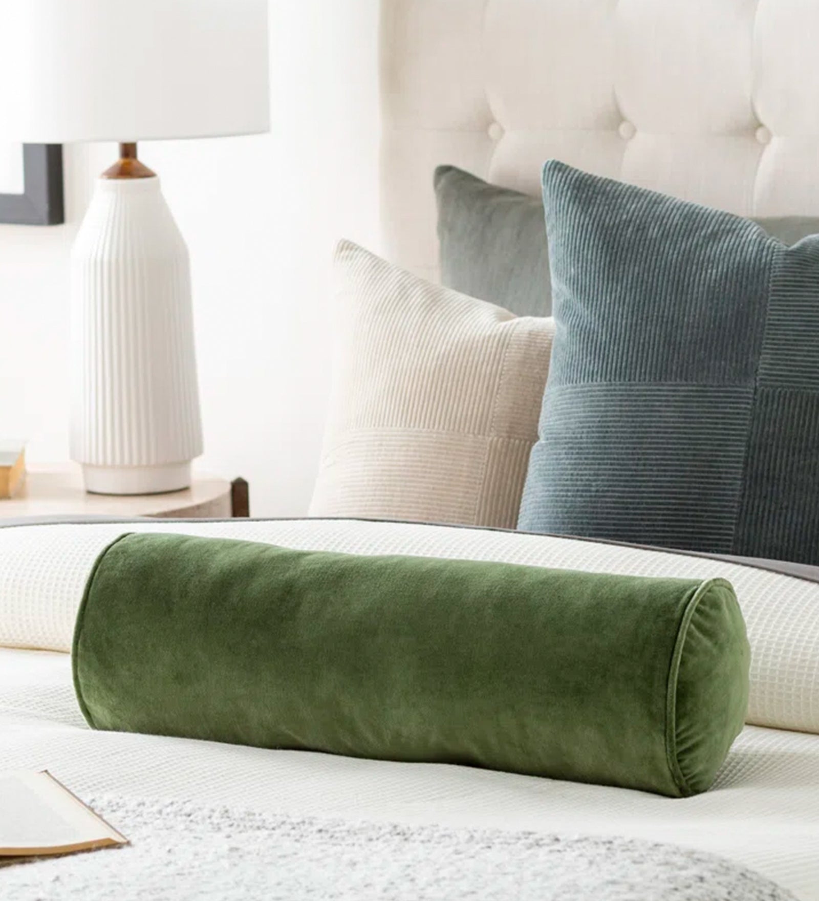 Rora Boucle (25x10 In) Bolster Pillow In Olive Green Colour (Set of 2)