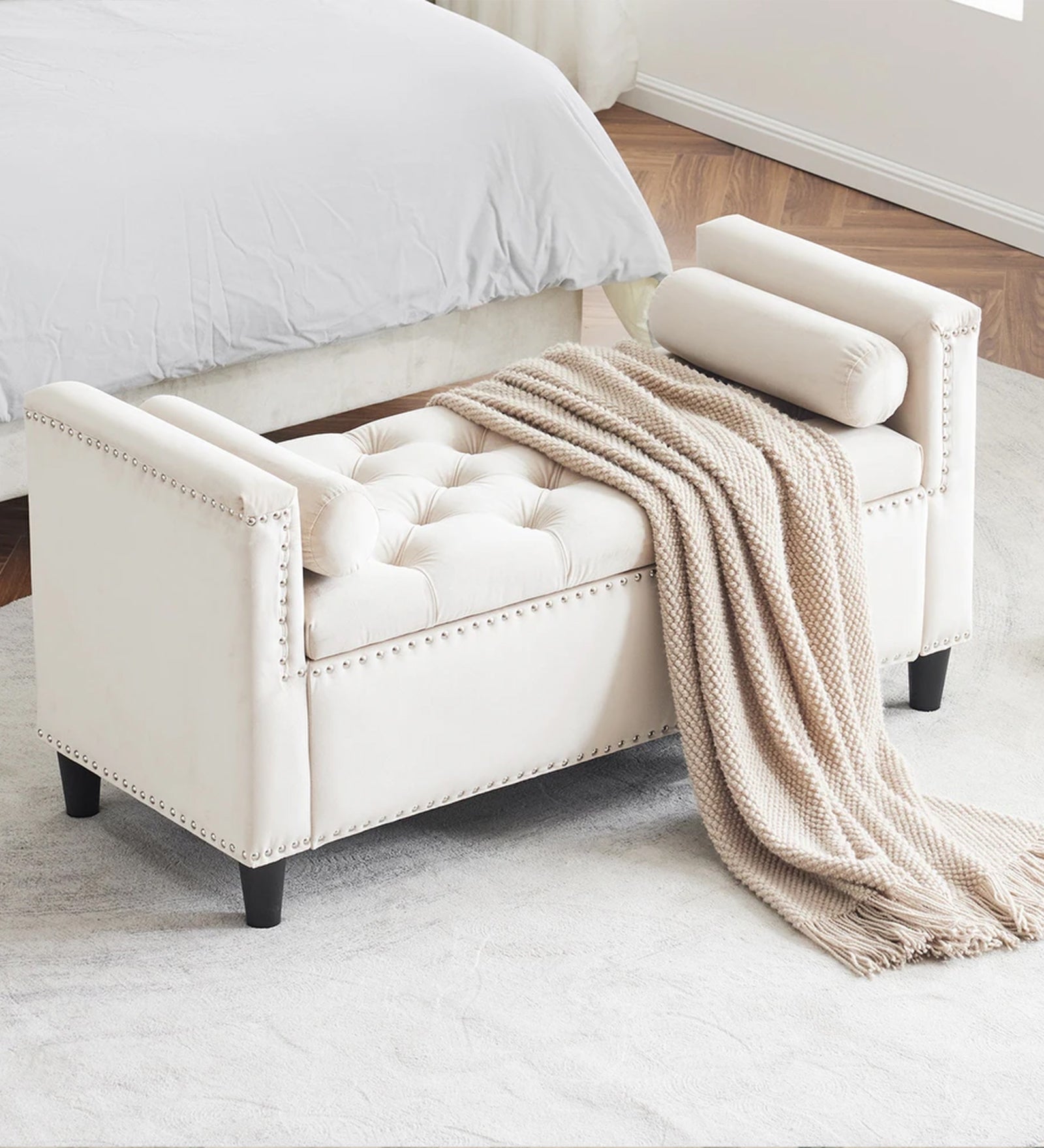 Cairo Velvet 2 Seater Recamier In Camel Beige Colour With Storage - Febonic Living