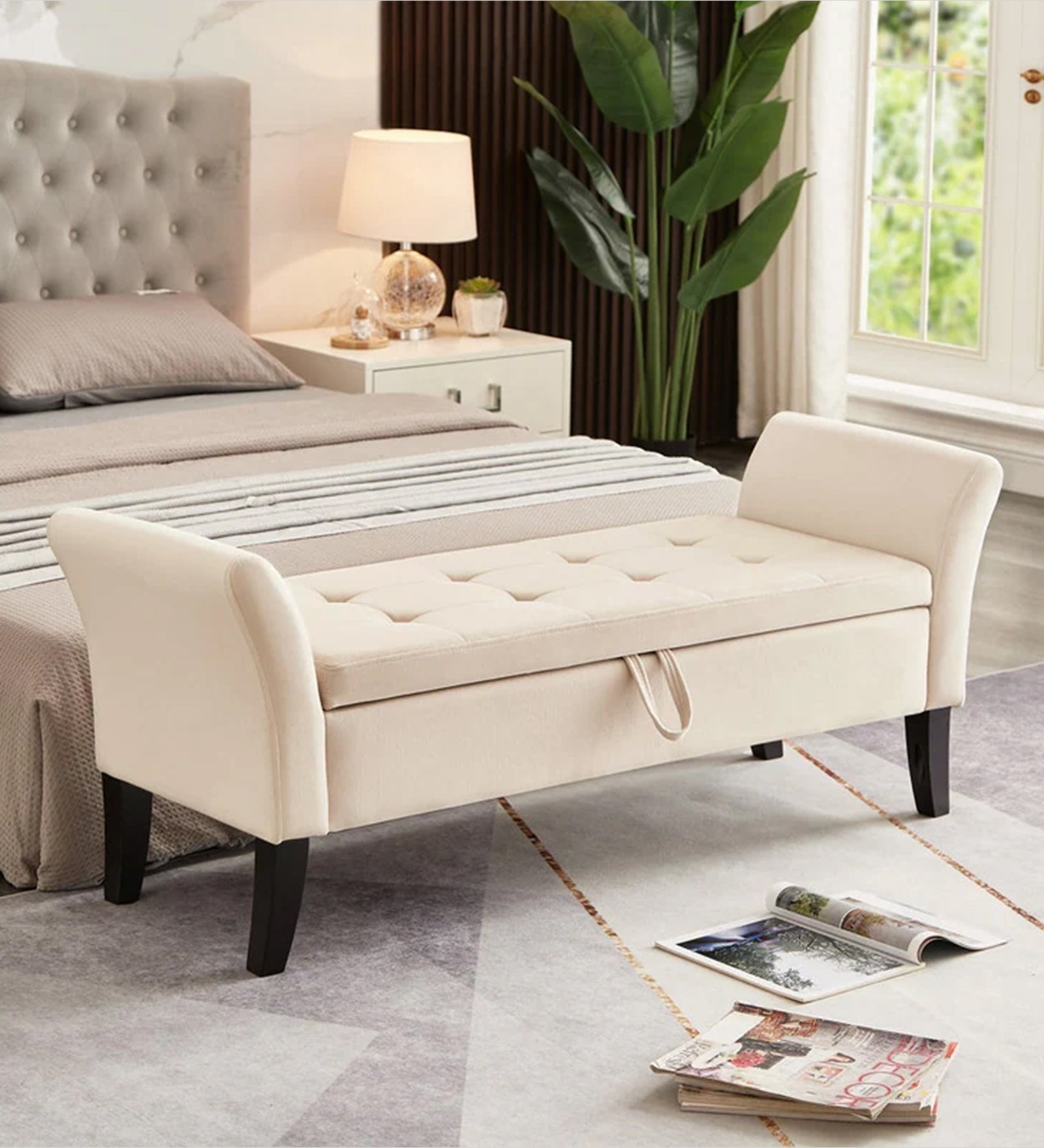 Dhaka Velvet 2 Seater Recamier In Camel Beige Colour With Storage - Febonic Living