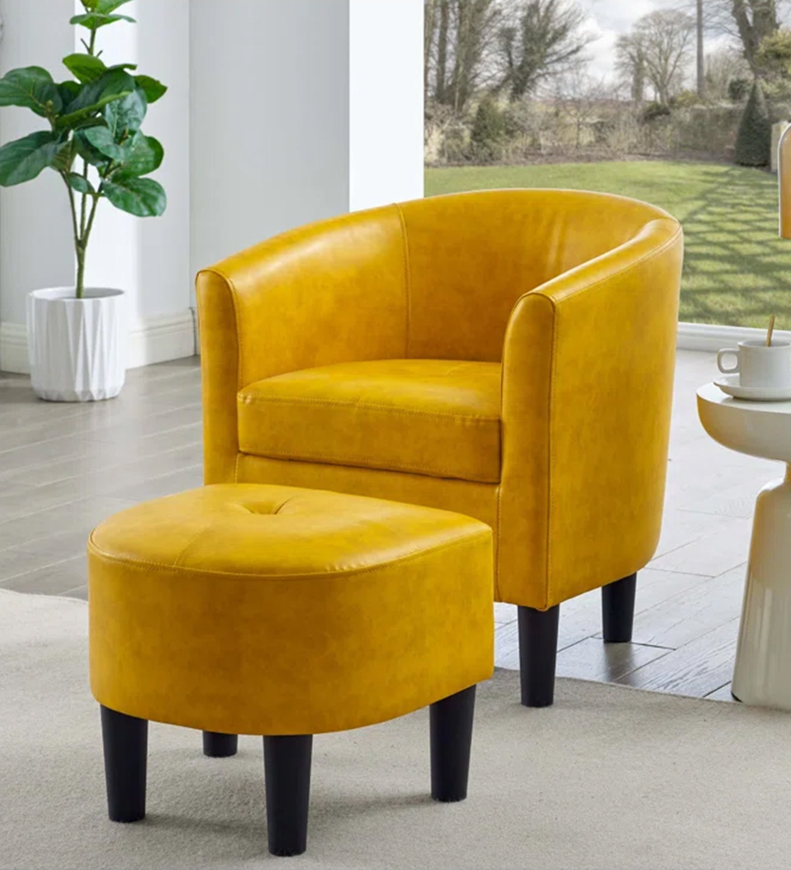 Lovida Leatherette Barrel Chair With Ottoman In Bold Yellow Colour - Febonic Living