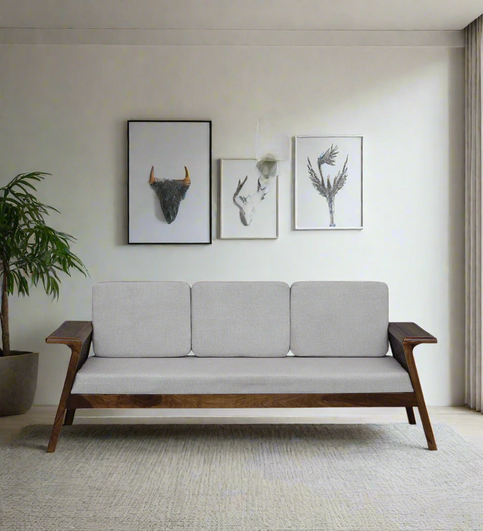 Gany Sheesham Wood 3 Seater Sofa In Beige Color - Febonic Living