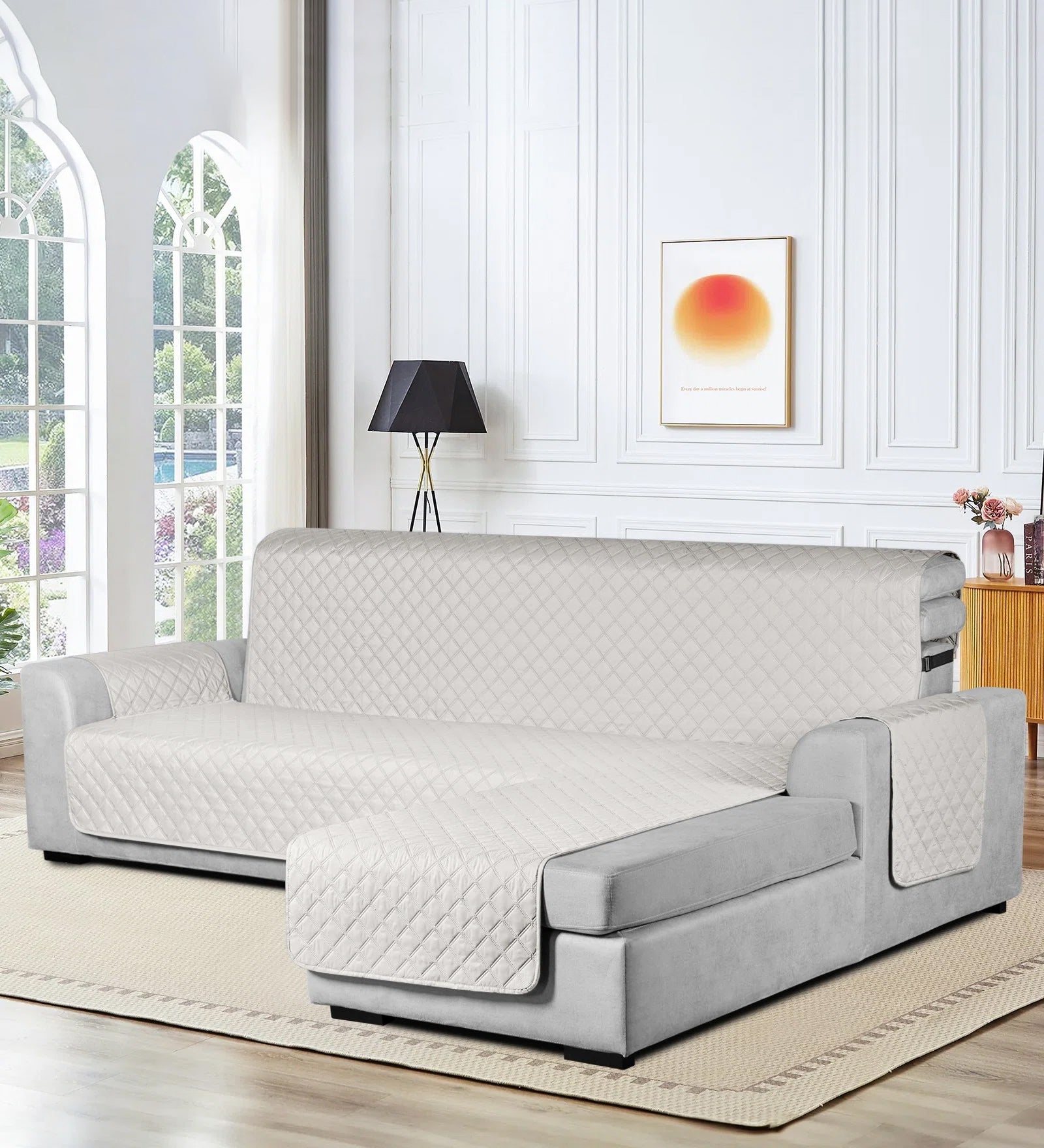 Bunny Velvet Quilted Sectional Sofa Cover In Beige Colour - Febonic Living