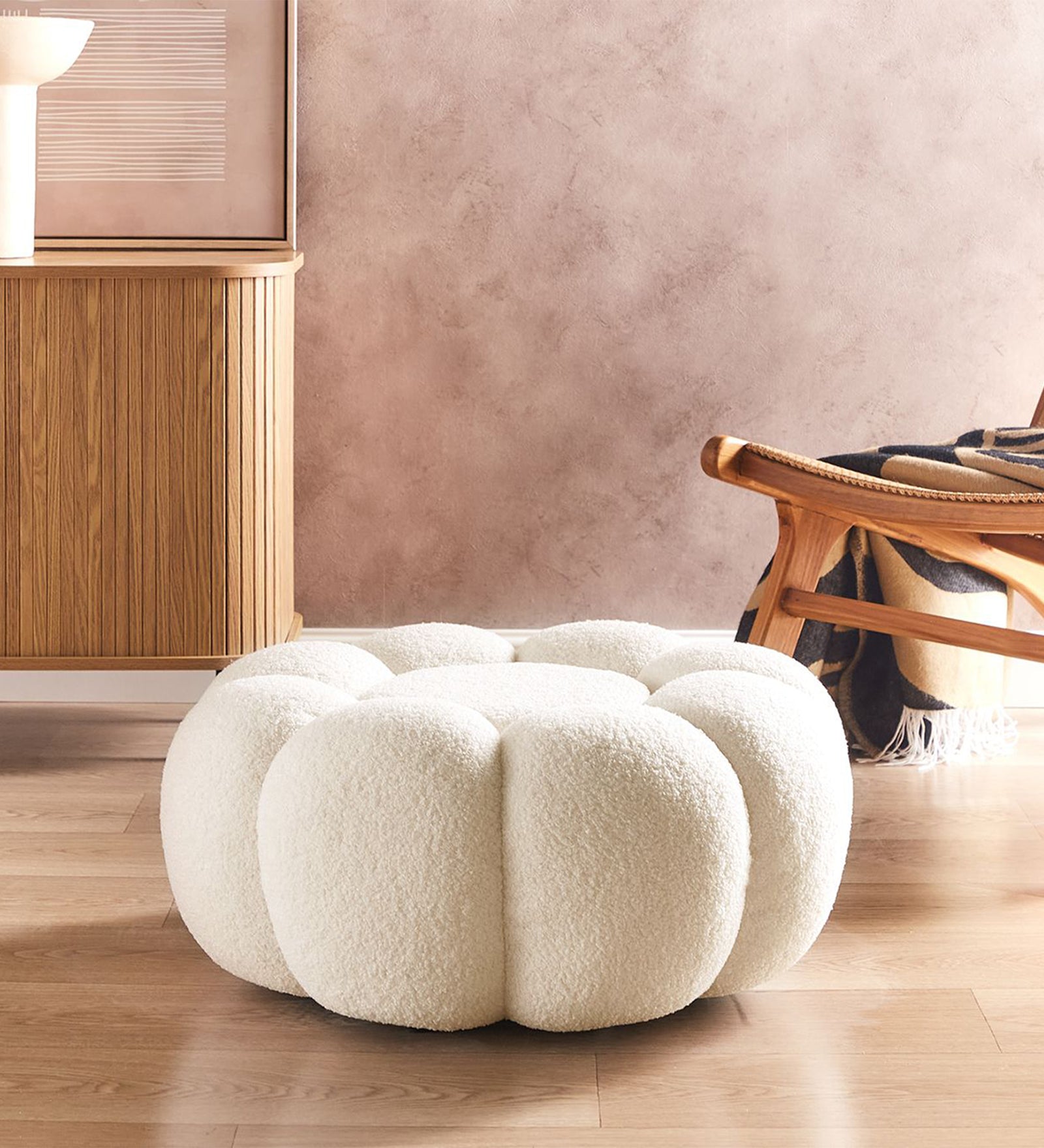 Wart Boucle Pouffe In Shell White Colour - Febonic Living