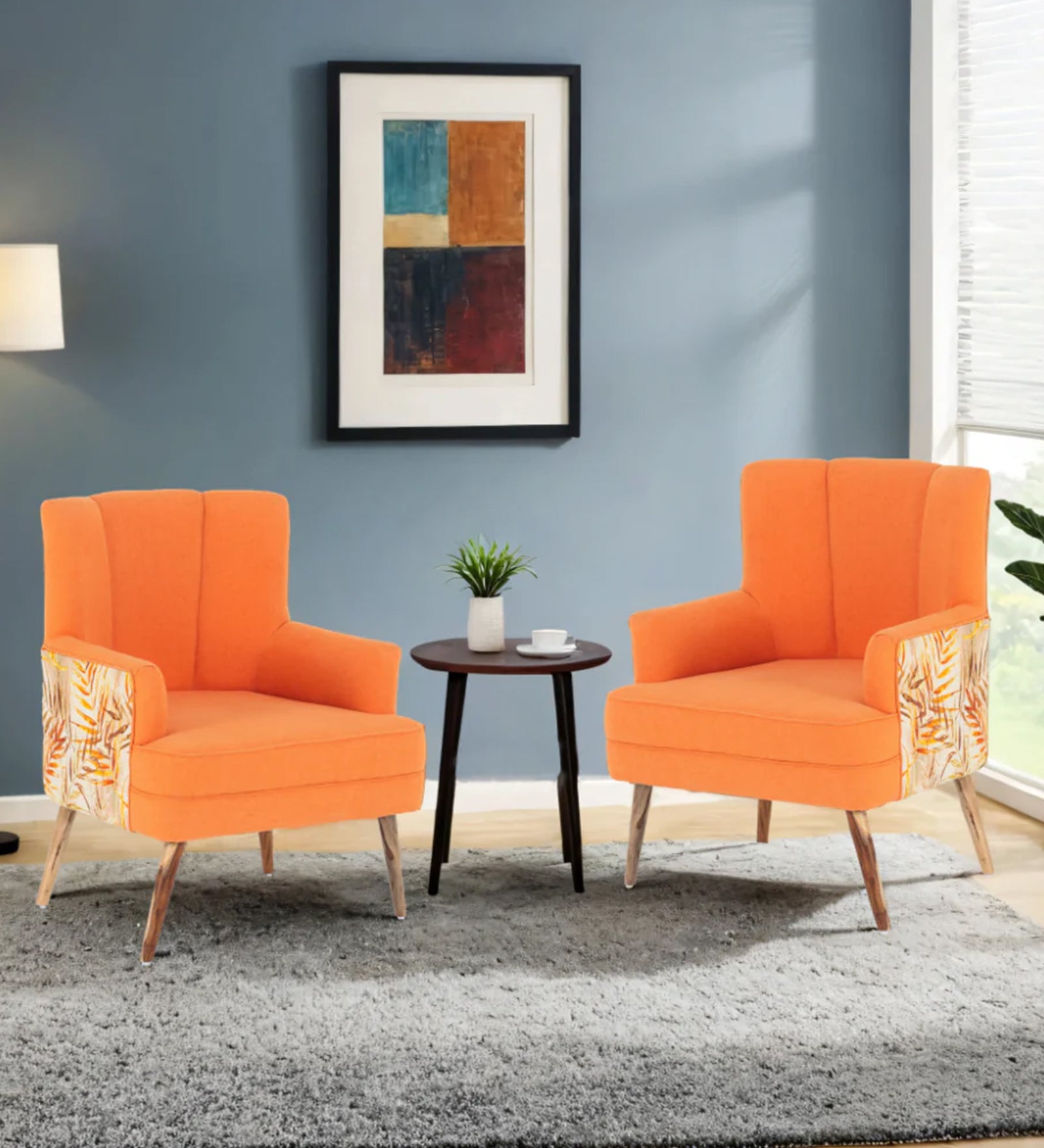 Roch Printed Fabric Arm Chair In Vivid Orange Colour (Set Of 2) - Febonic Living