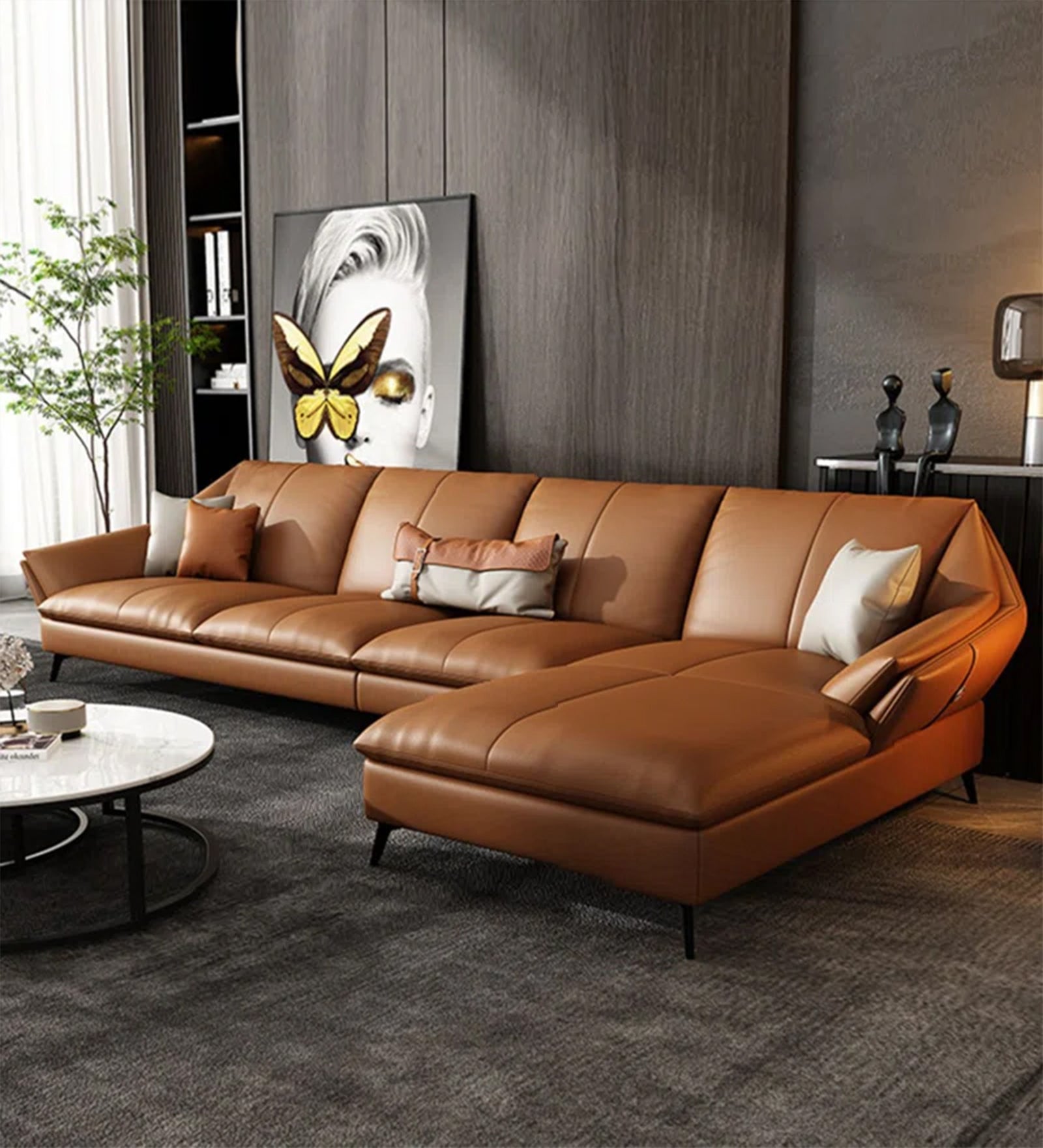 Sagar Leatherette LHS Sectional Sofa (3+Lounger) In Cinnamon Brown Colour - Febonic Living