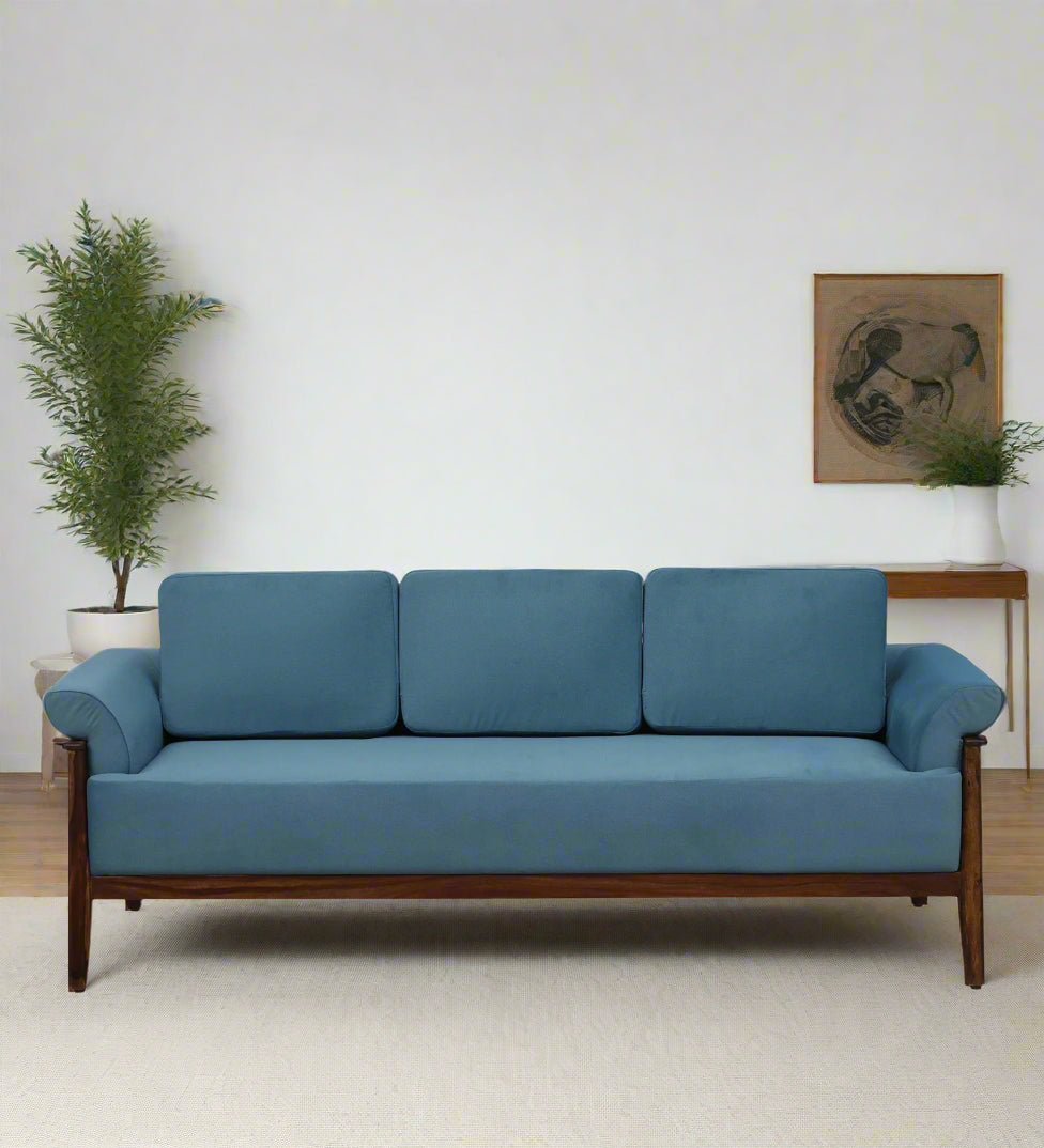 Chalki Sheesham Wood 3 Seater Sofa In Blue Colour - Febonic Living