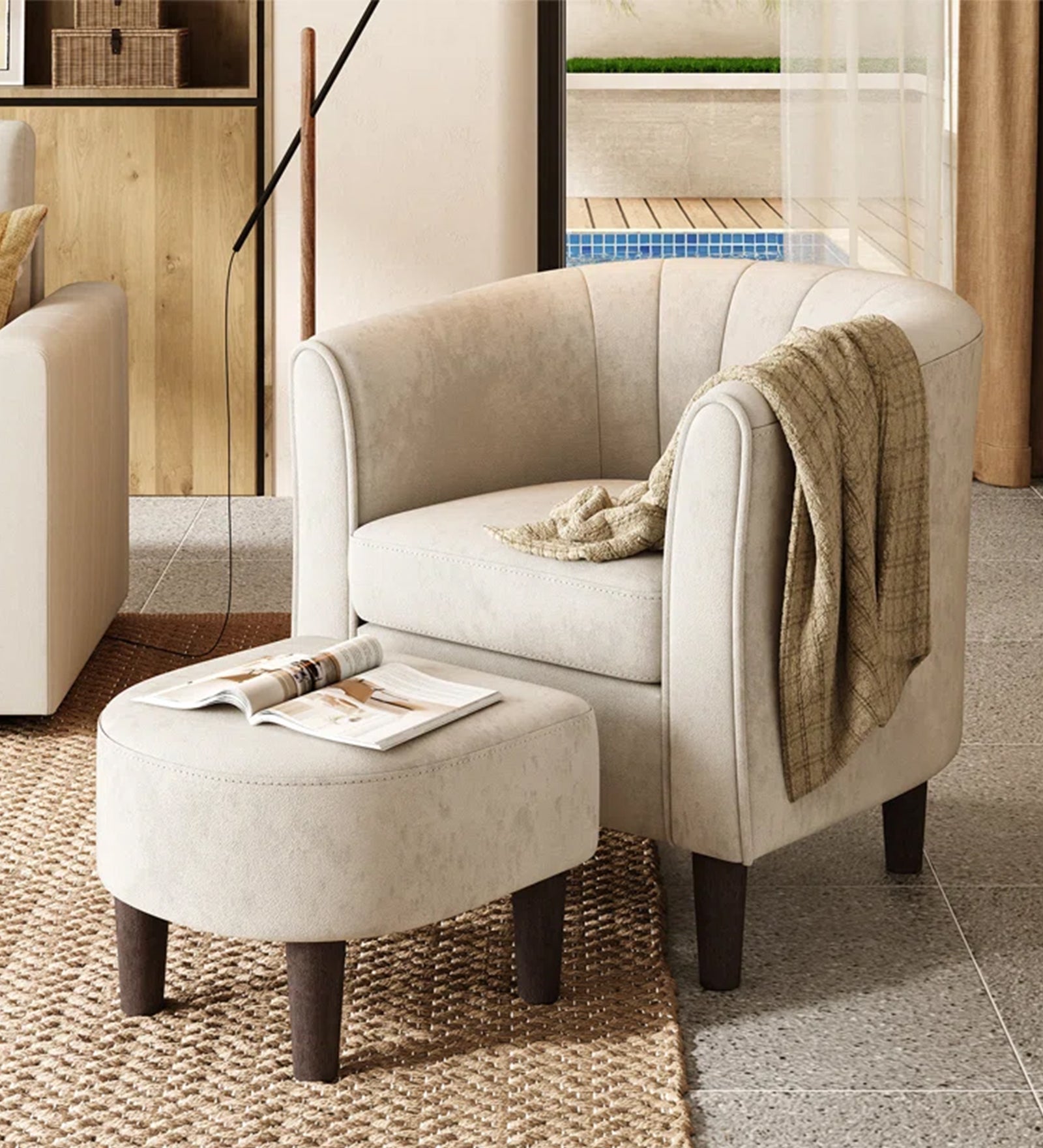 Ben Velvet Barrel Chair With Ottoman In Camel Beige Colour - Febonic Living