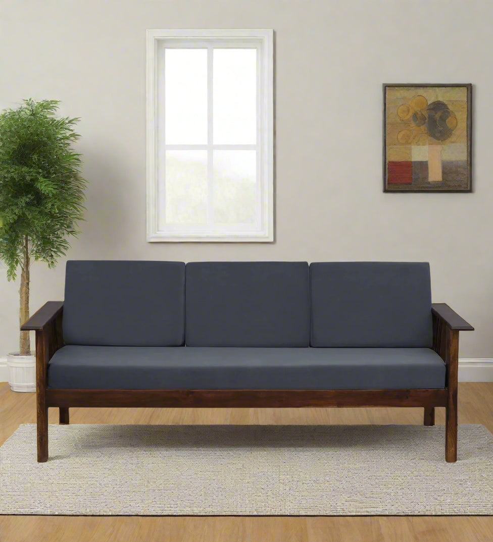 Caron Sheesham Wood 3 Seater Sofa In Grey Colour - Febonic Living