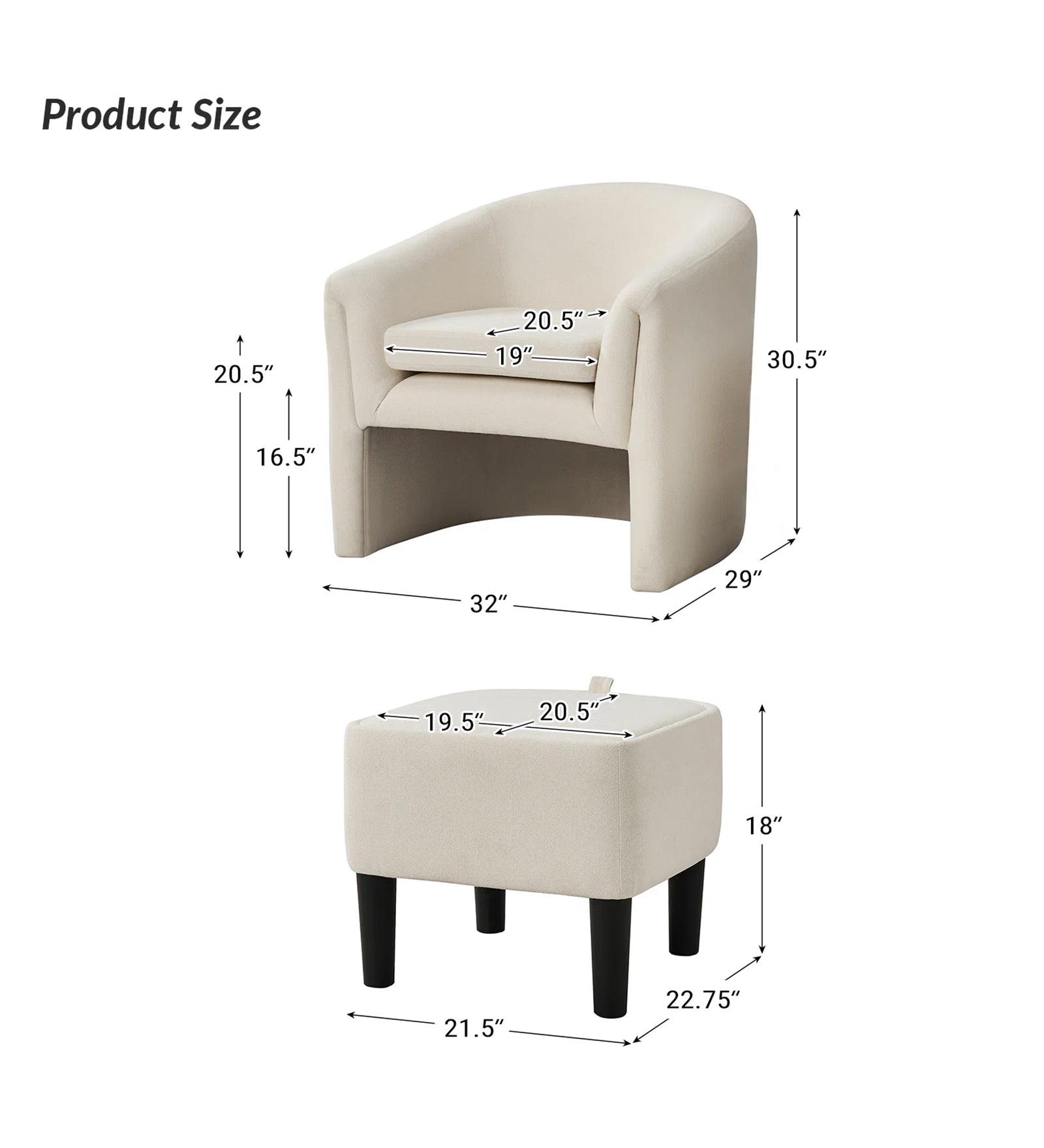 Alvaro Fabric Barrel Chair + Storage Ottoman in Ivory Cream Colour