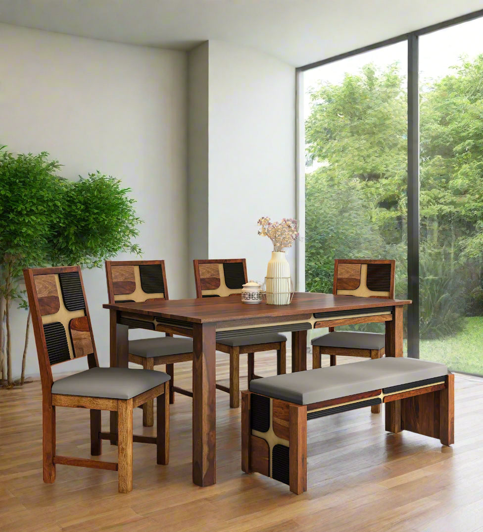 Rook Sheesham Wood 6 Seater Dining Set In Scratch Resistant Provincial Teak Finish With Bench - Febonic Living