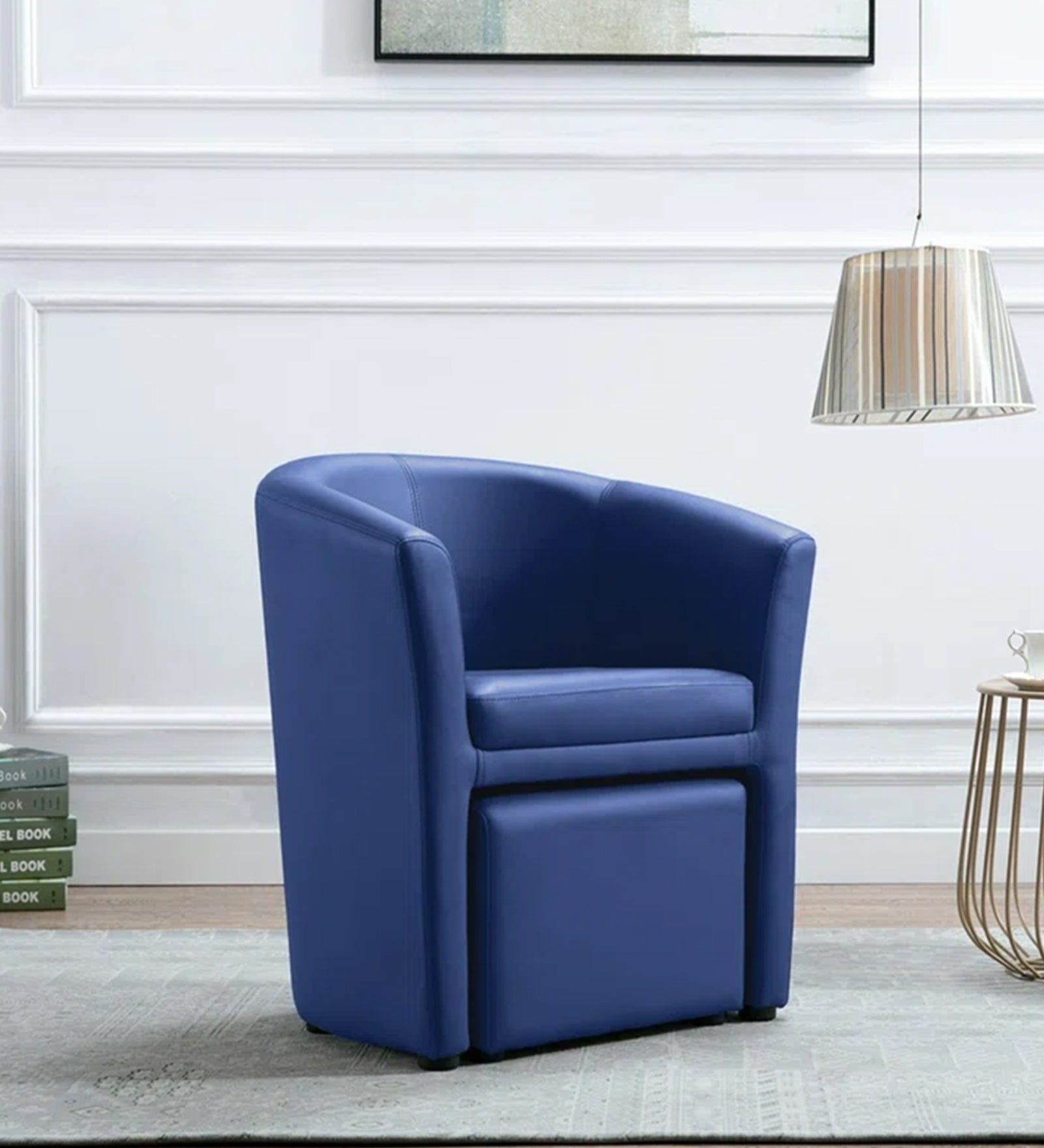 Corel Leatherette Barrel Chair With Ottoman In Blue Colour - Febonic Living