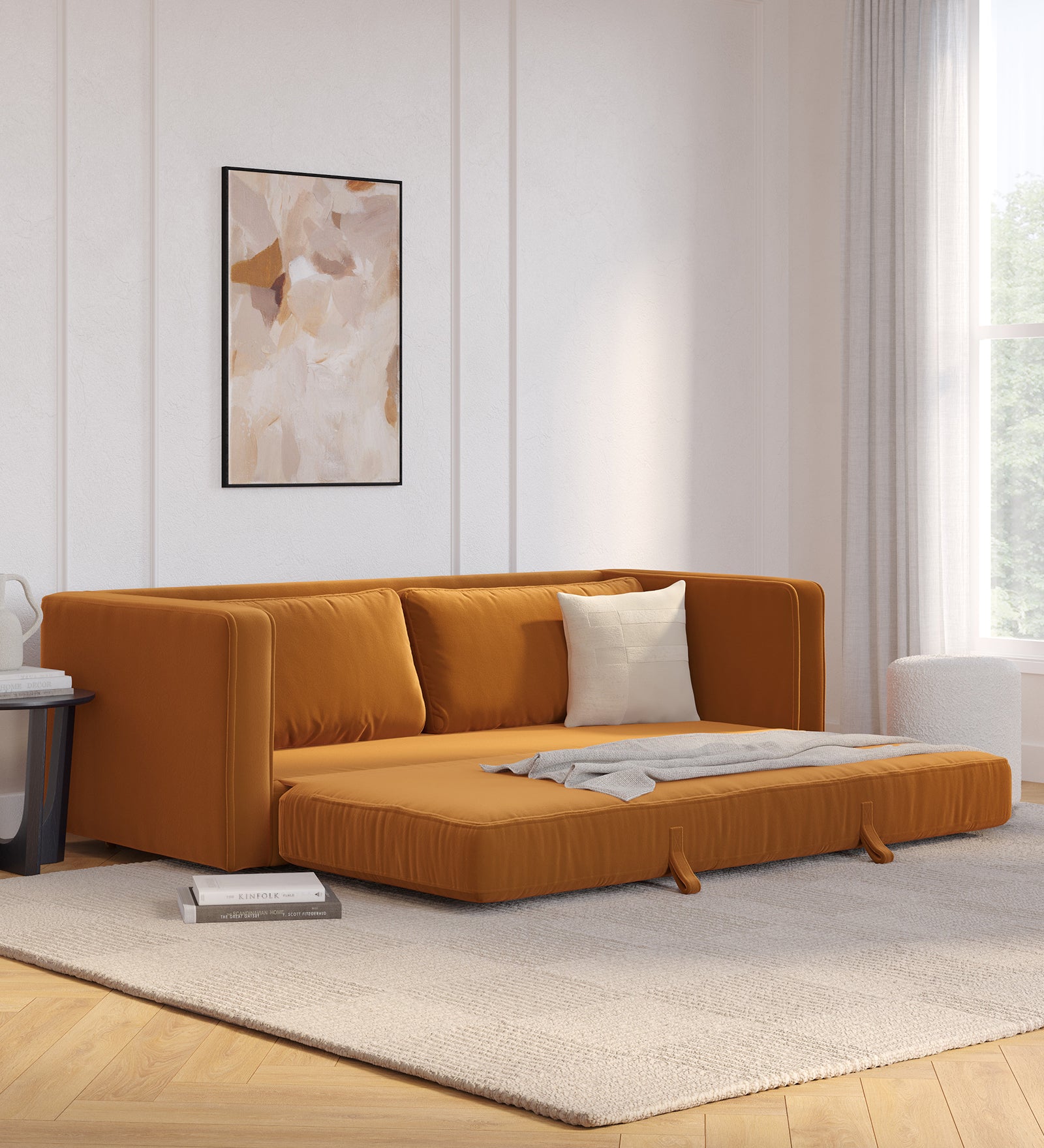 Sven Velvet 3 Seater Folding Sofa Bed In Tangerine orange Colour - Febonic Living