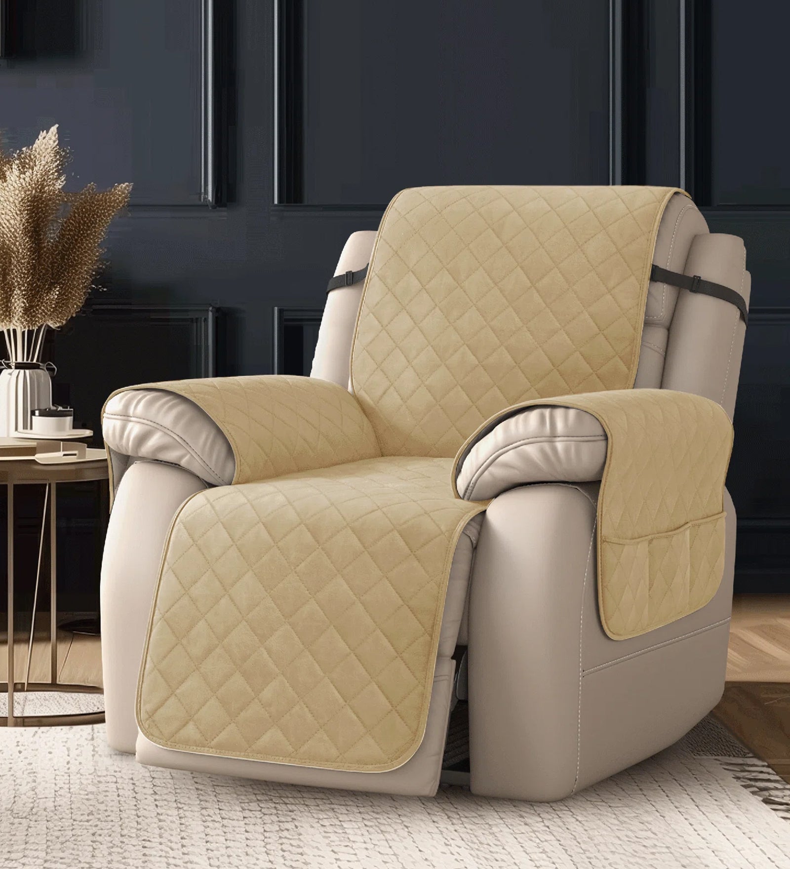 Omkar Velvet Quilted 1 Seater Recliner Cover in Winter Beige Colour - Febonic Living