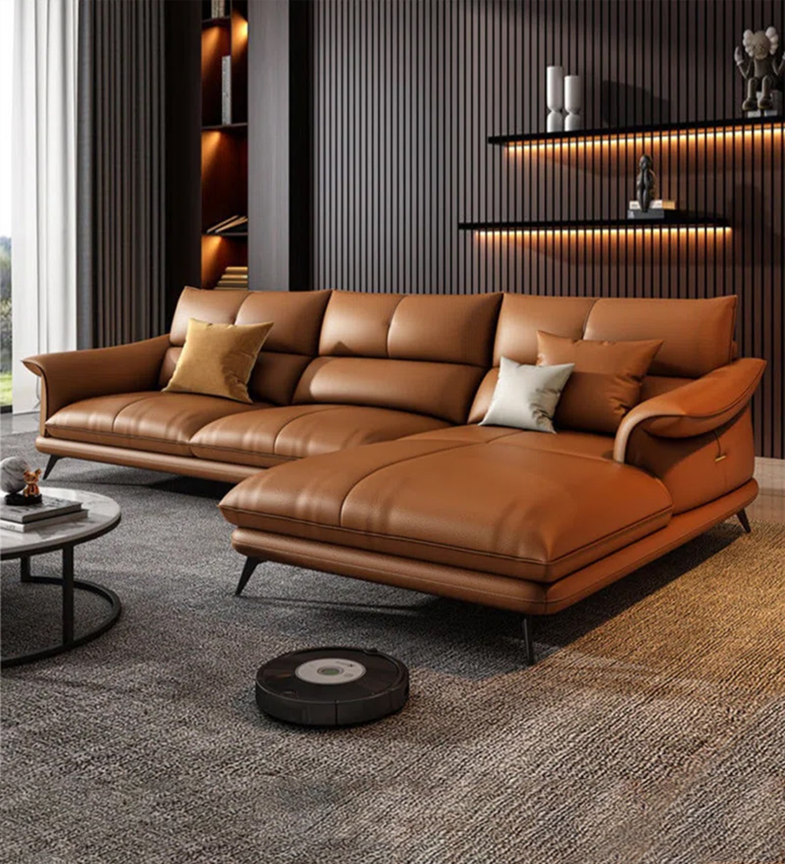 Sagar Leatherette LHS Sectional Sofa (2+Lounger) In Cinnamon Brown Colour - Febonic Living