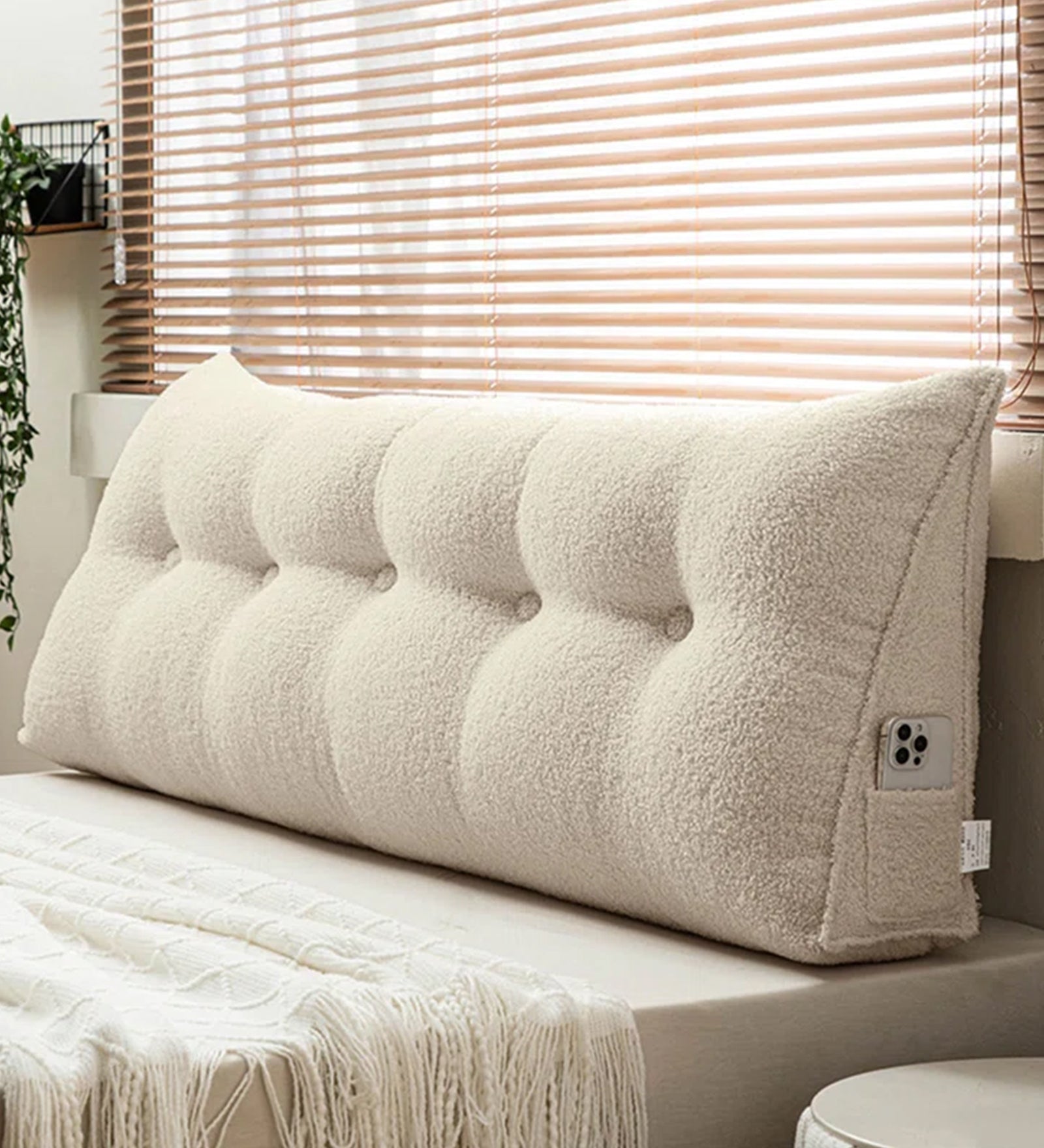 Fengu Boucle Large Headboard Wegde Pillows in Camel Beige Colour - Febonic Living