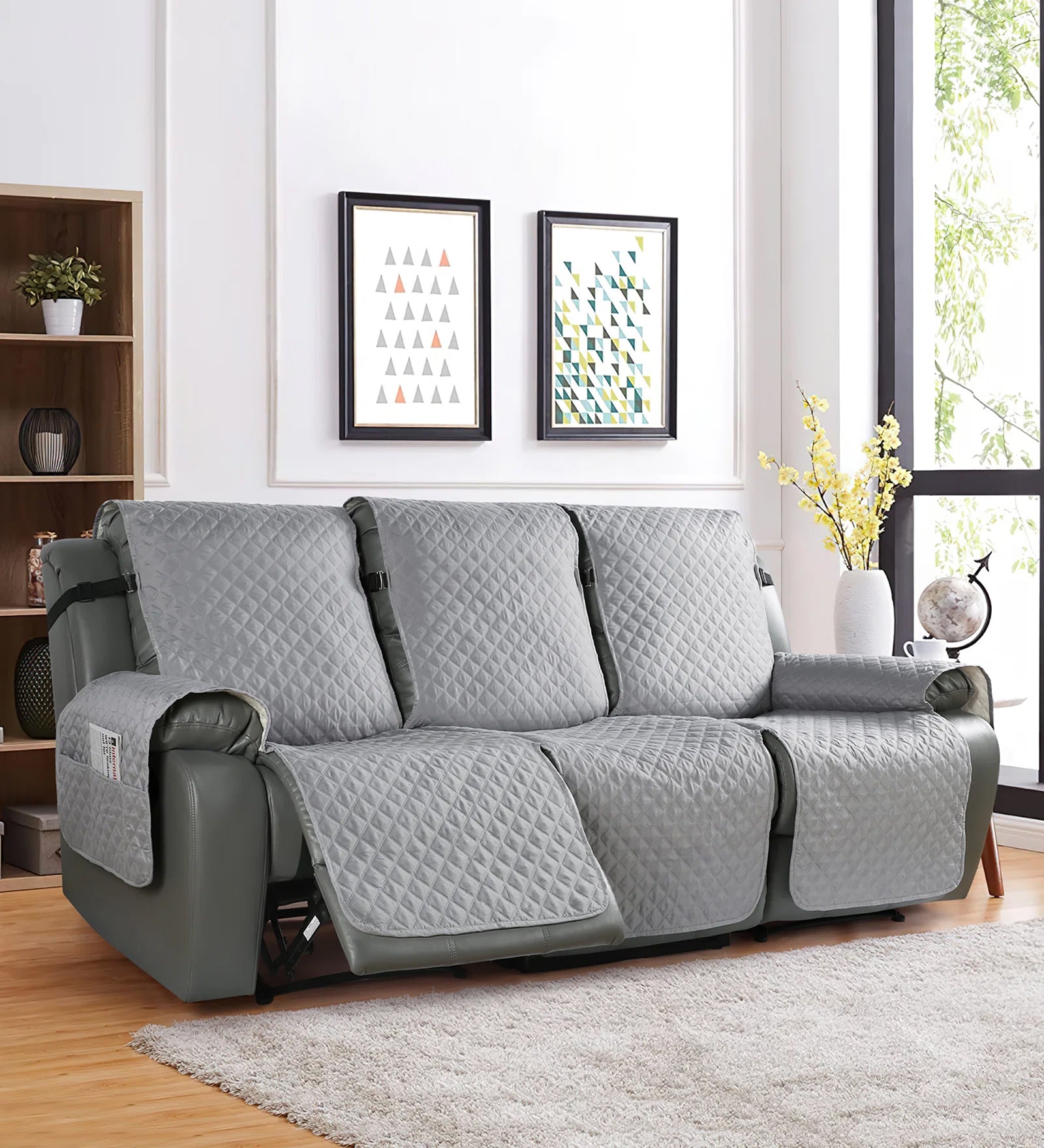 Omkar Velvet Quilted 3 Seater Recliner Cover in Warm Grey Colour - Febonic Living