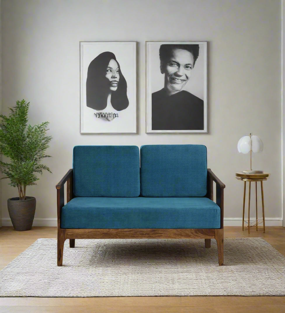 Bano Sheesham Wood 2 Seater Sofa In Blue Colour - Febonic Living