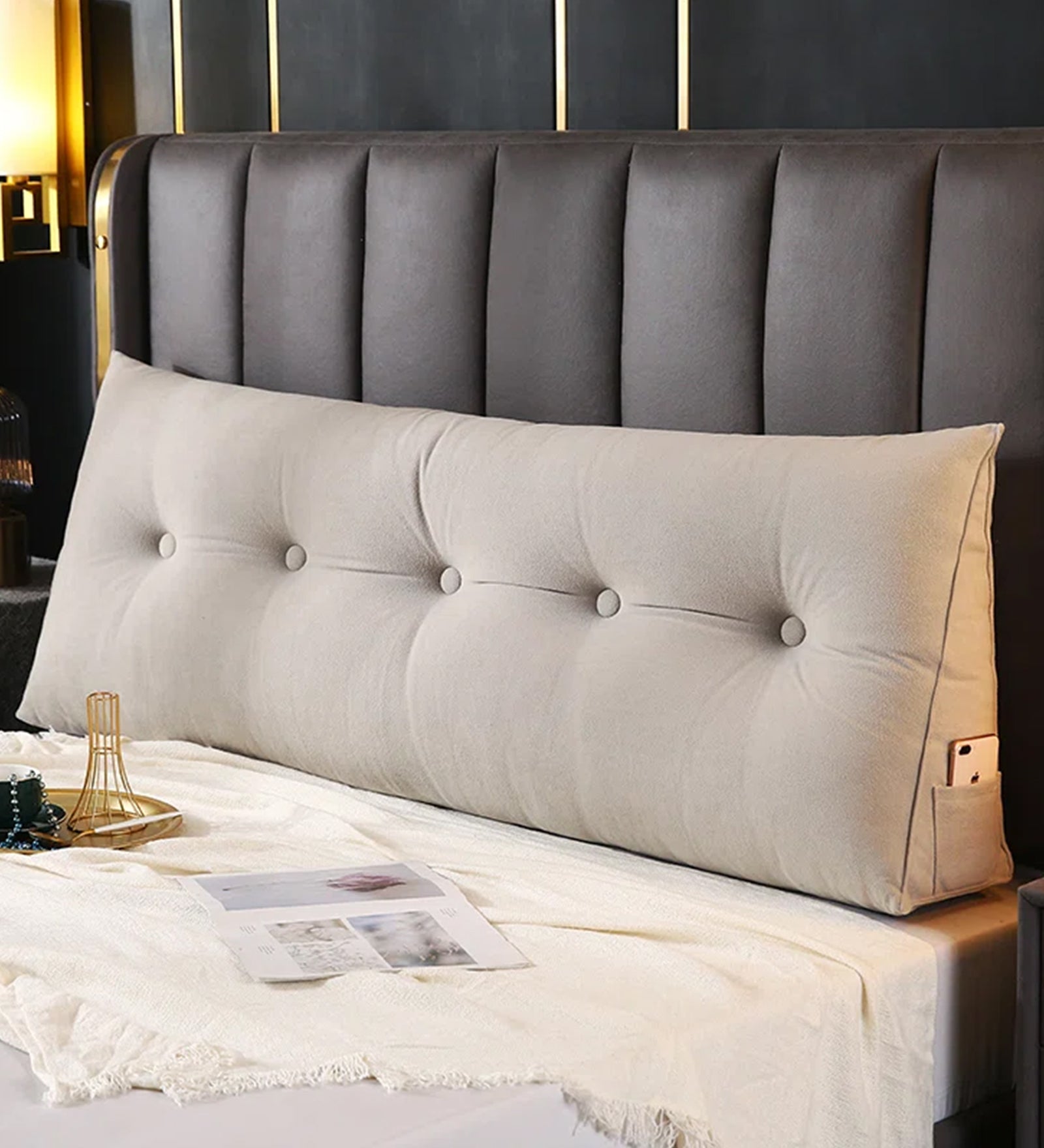 Fengu Velvet Large Headboard Wegde Pillows in Camel Beige Colour - Febonic Living