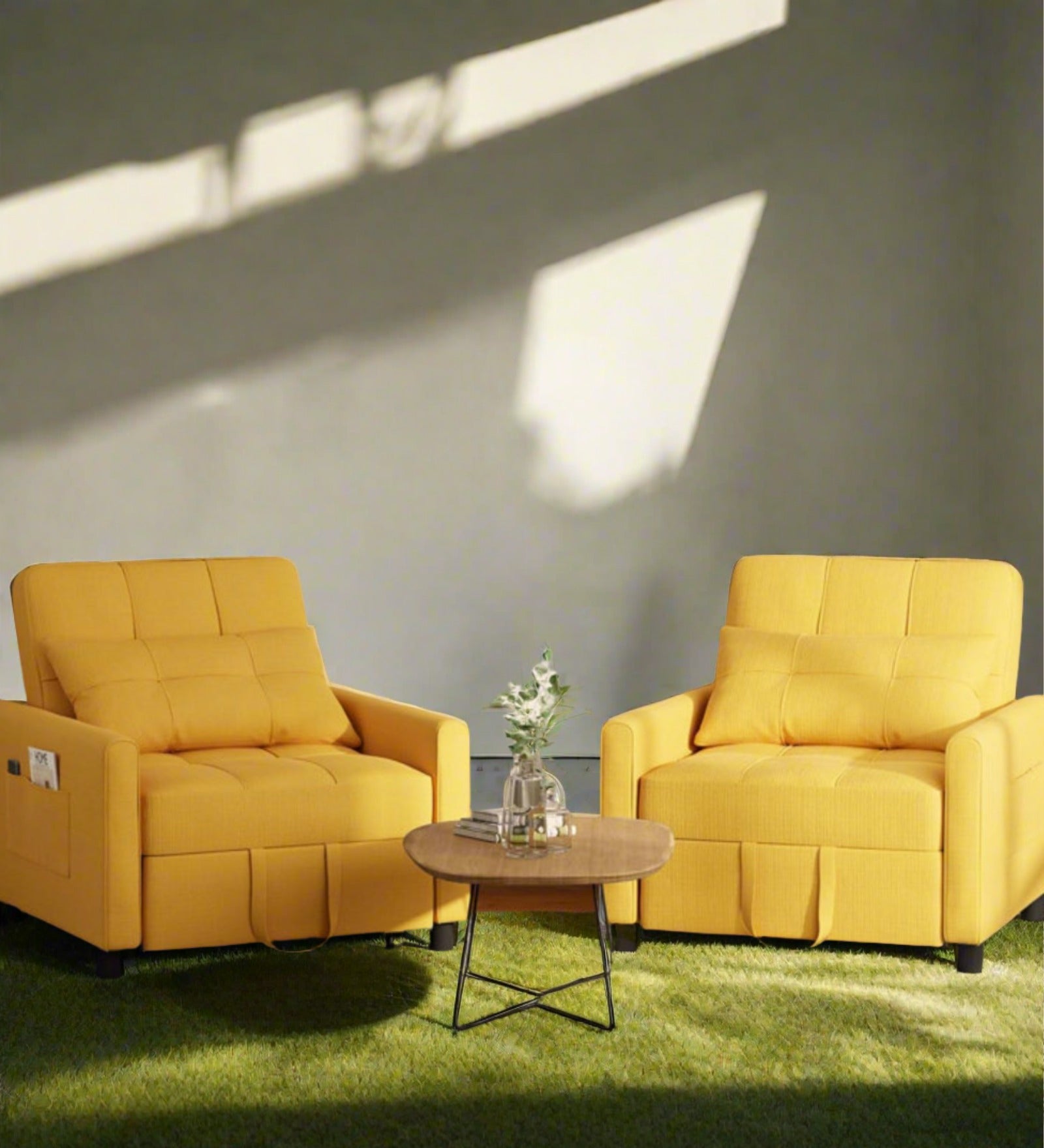 Puppy Fabric 1 Seater Pull Out Sofa Cum Bed In Bold Yellow Colour - Febonic Living