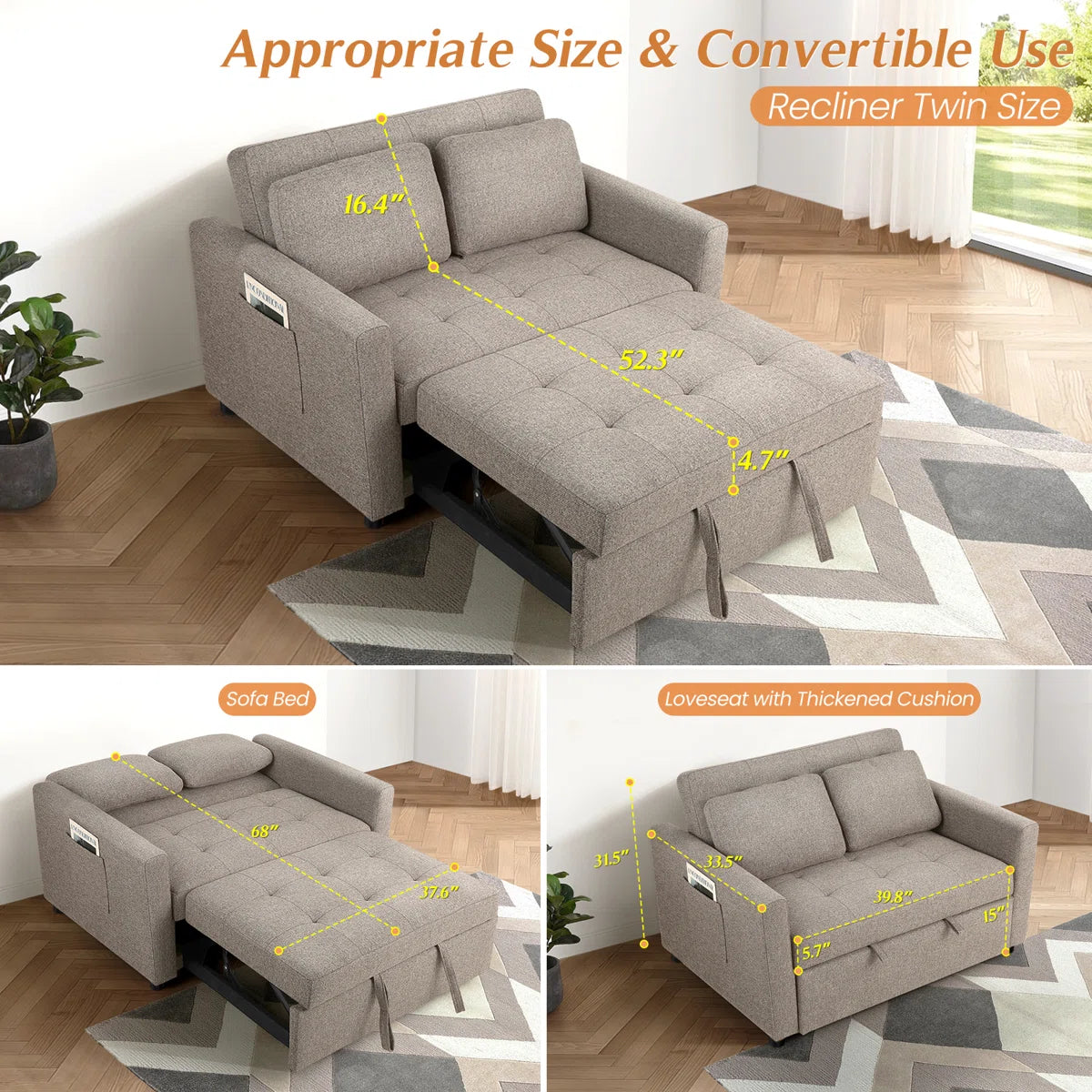 Nubo Fabric 2 Seater Pull Out Sofa Cum Bed In Silver Grey Colour