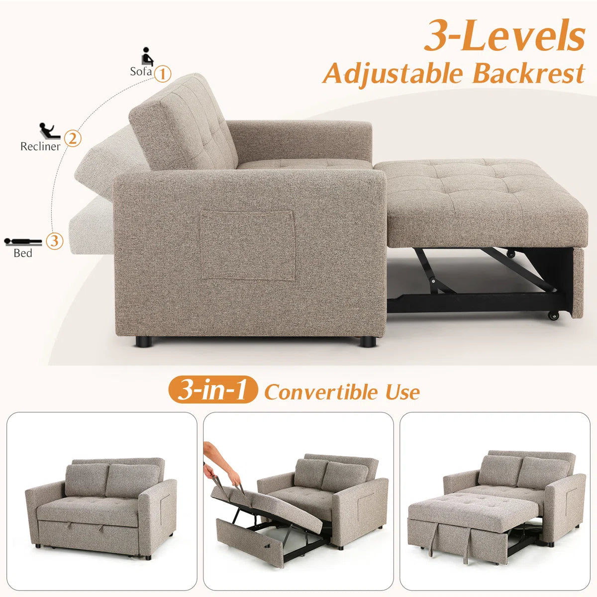 Nubo Fabric 2 Seater Pull Out Sofa Cum Bed In Silver Grey Colour