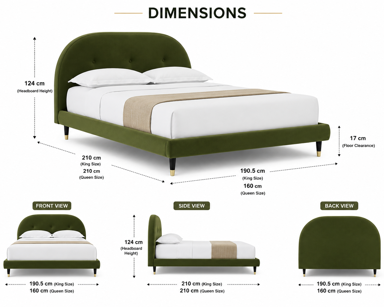 Velora Upholstered Velvet Bed With Storage - Olive Green - Dimensions by Febonic Living
